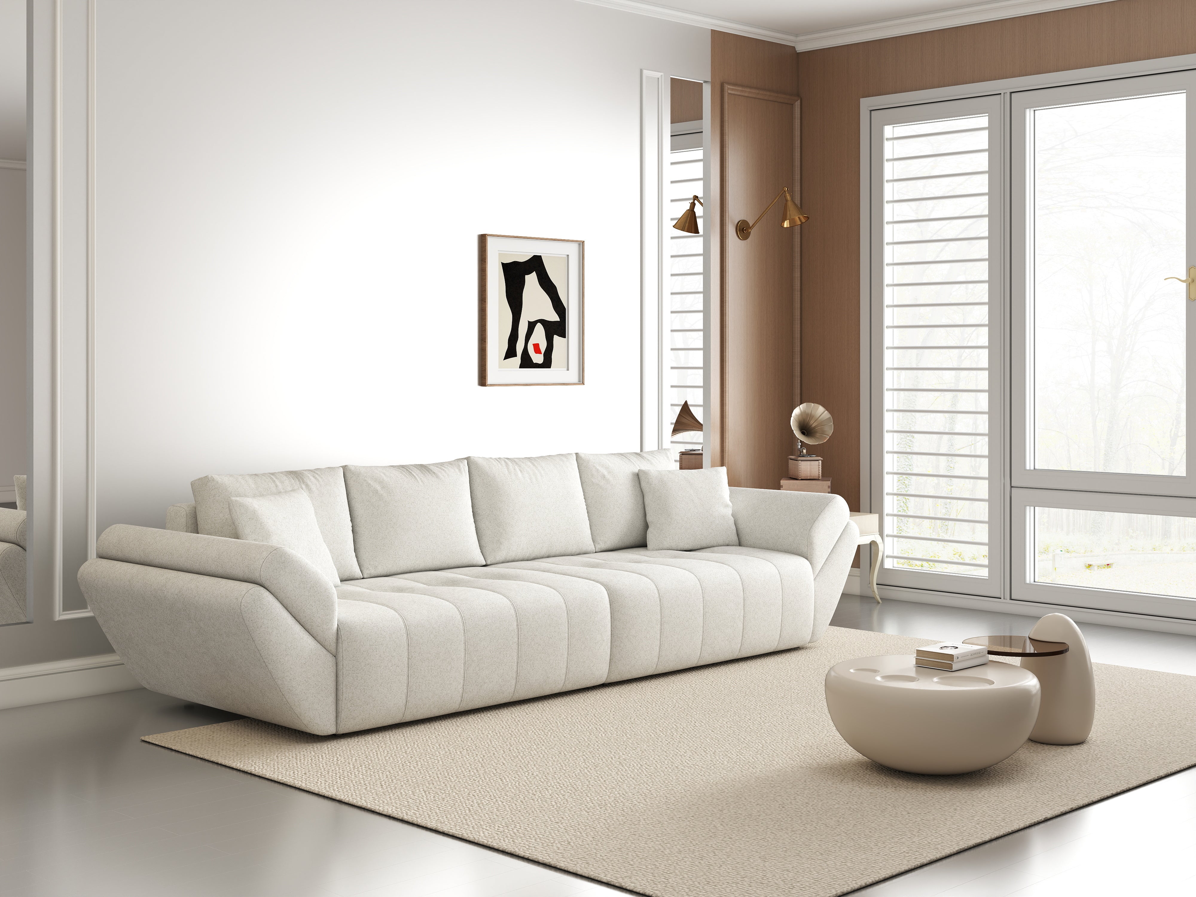 Canapea extensibilă dumonde cu ladă de depozitare si sezut confortabil din spuma HR, Berlin Euphoria Ivory 300x100 cm Fabrica