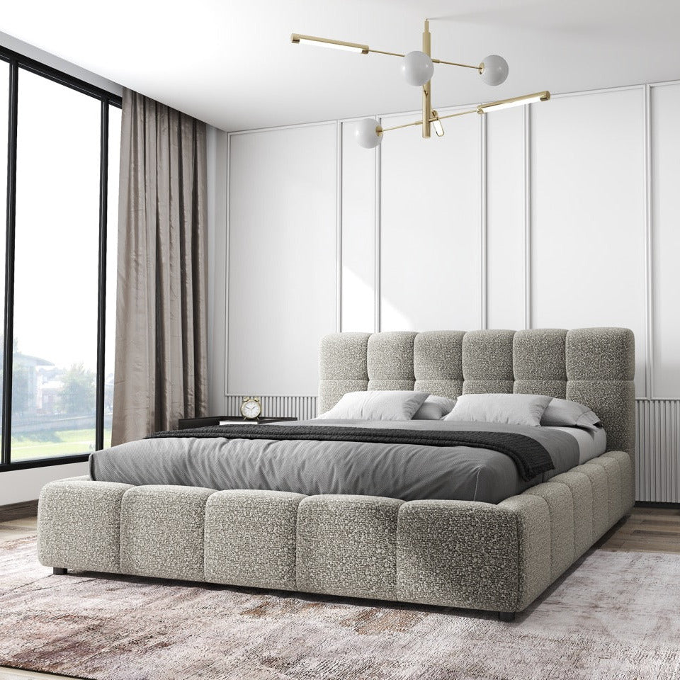 Pat dormitor dumonde, tapitat gri, Lorenzo 140x200 cm, somiera rabatabila inclusa, spatiu depozitare