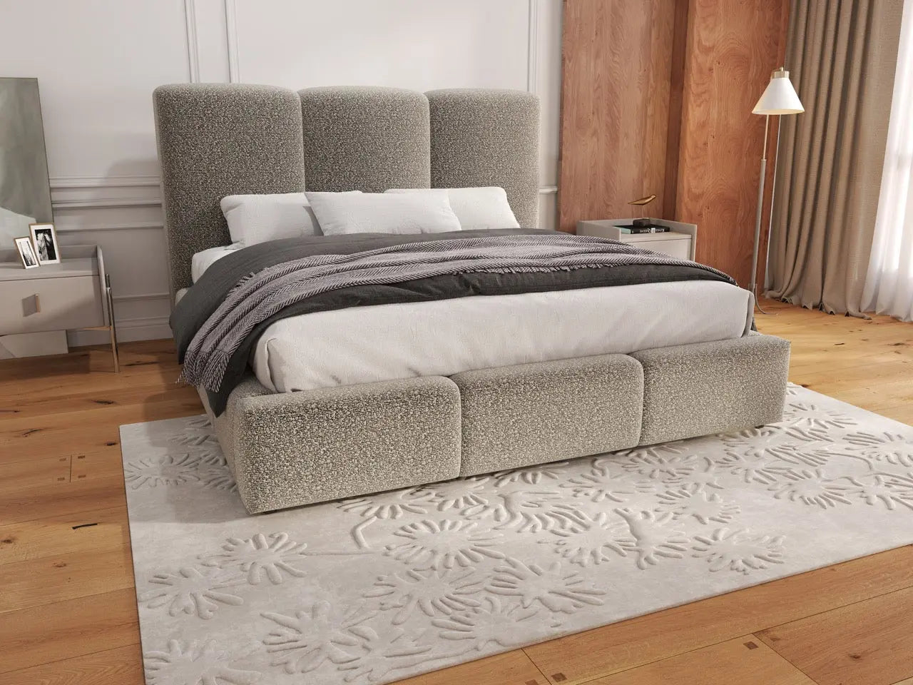 Pat dormitor dumonde, tapitat gri, Dinasty 160x200 cm, somiera rabatabila inclusa, spatiu depozitare WLS