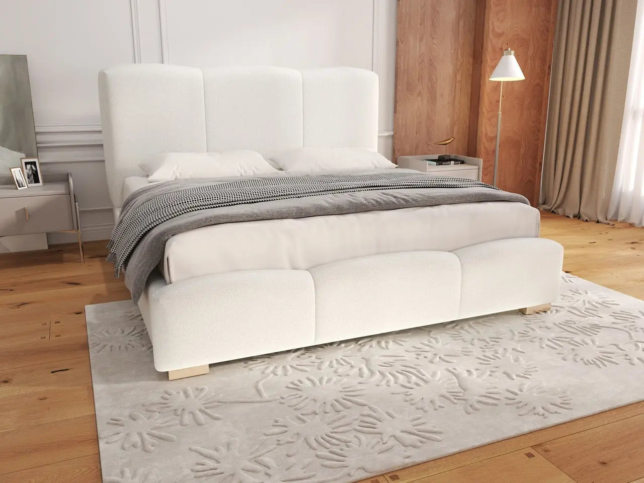 Pat dormitor dumonde, tapitat alb, Havana 140x200 cm, somiera rabatabila inclusa, spatiu depozitare WLS