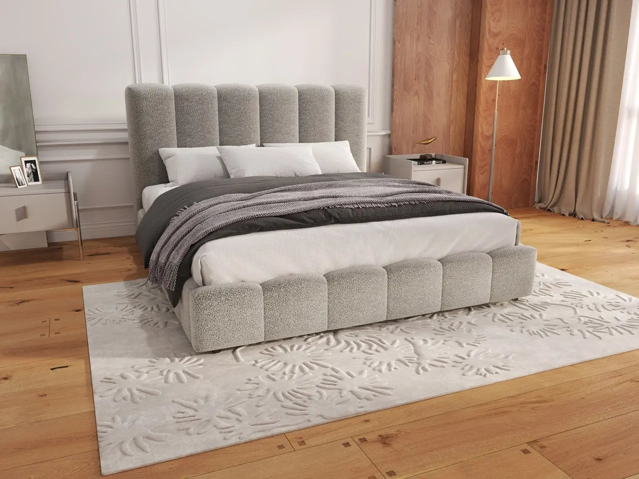 Pat dormitor dumonde, tapitat gri, Milano 180x200 cm, somiera rabatabila inclusa, spatiu depozitare WLS