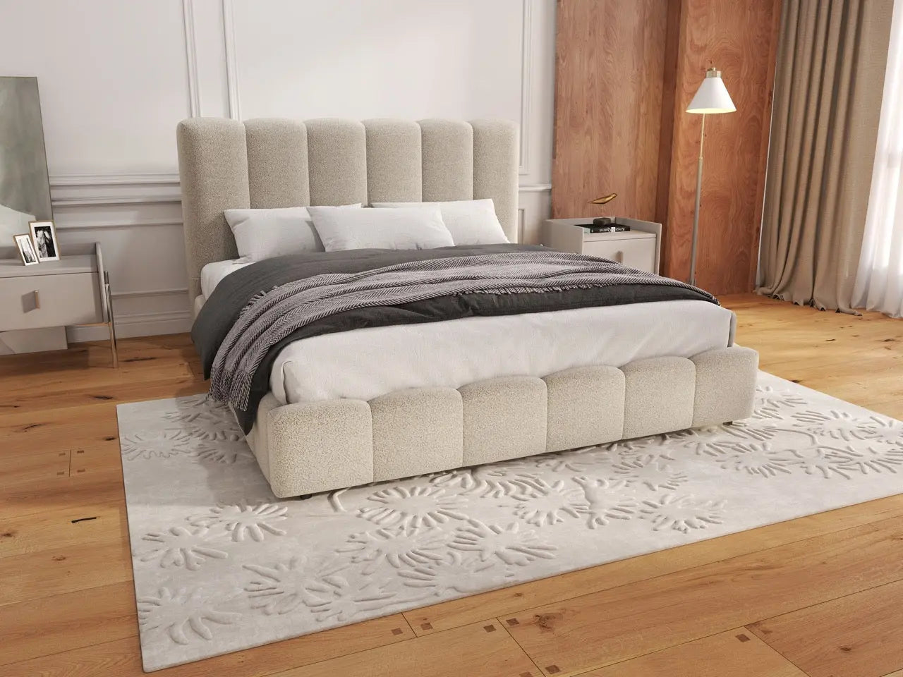 Pat dormitor dumonde, tapitat bej, Milano 160x200 cm, somiera rabatabila inclusa, spatiu depozitare WLS