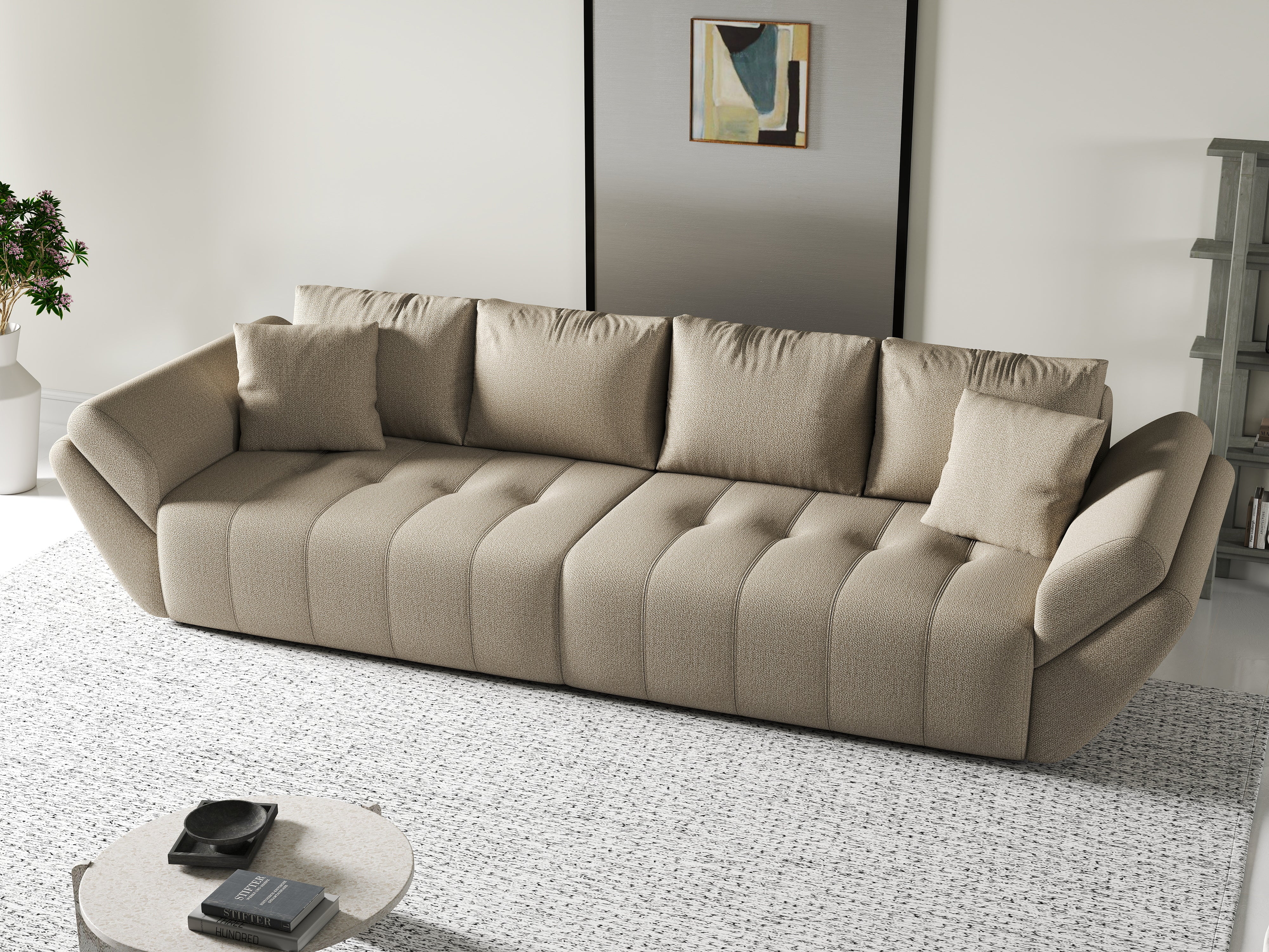 Canapea extensibilă dumonde cu ladă de depozitare si sezut confortabil din spuma HR, Berlin Enjoy Camel 300x100 cm Fabrica