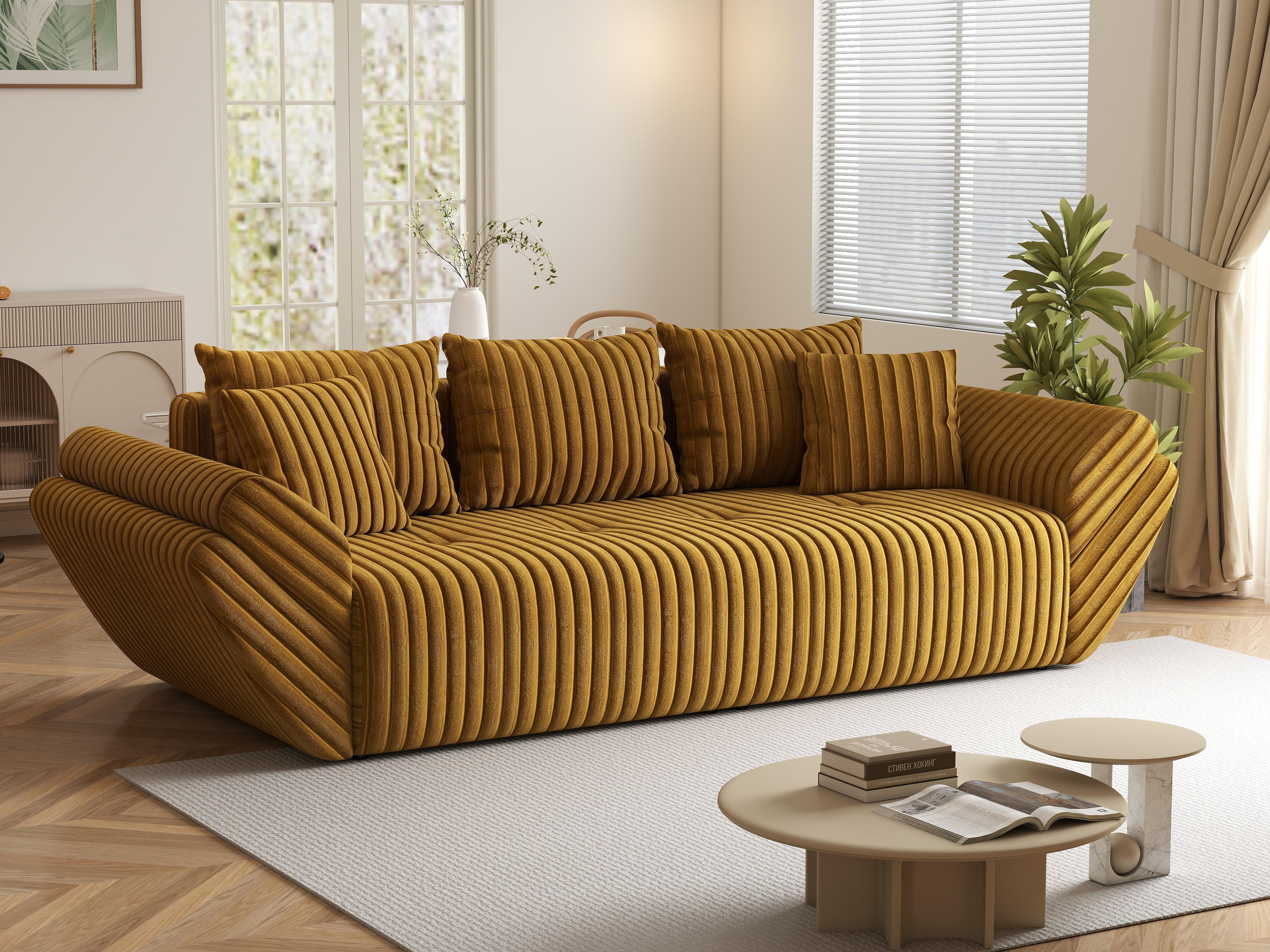 Canapea extensibilă dumonde cu ladă de depozitare si sezut confortabil din spuma HR, Berlin Ambience Mustar 250x100 cm Fabrica