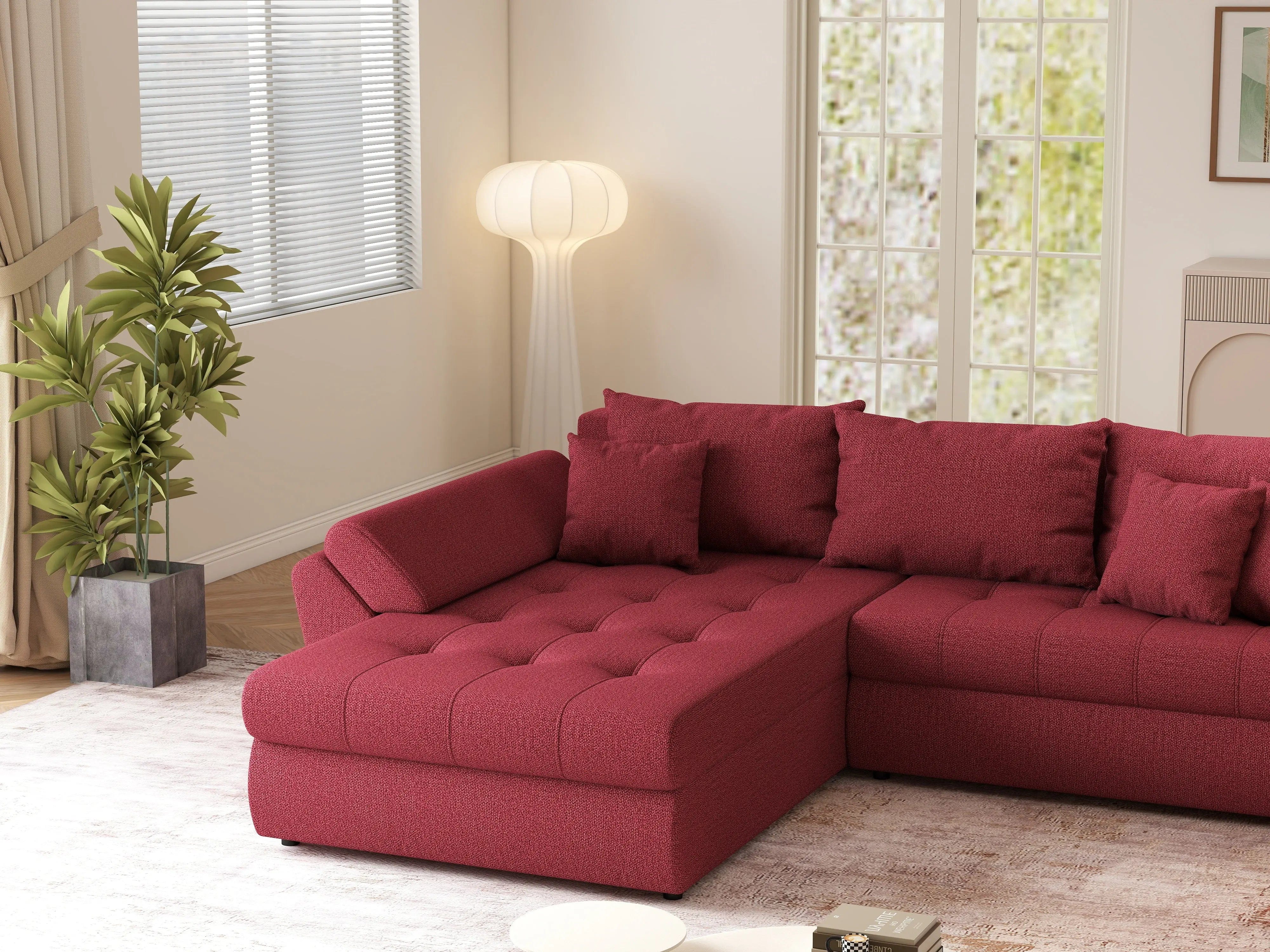 Colțar extensibil dumonde cu ladă de depozitare si sezut confortabil din spuma HR, Loana Bordoux 270x185 cm Fabrica