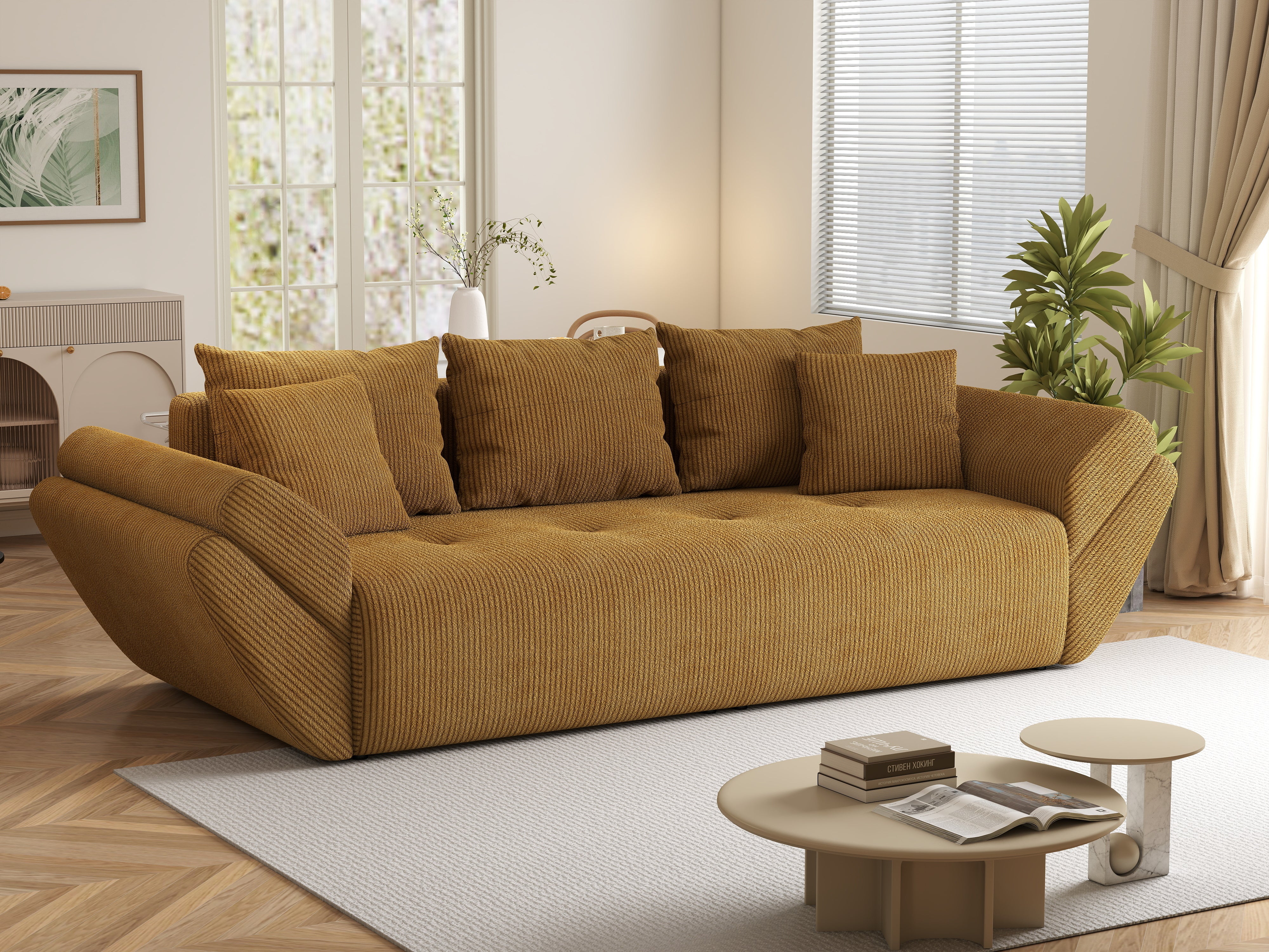 Canapea extensibilă dumonde cu ladă de depozitare si sezut confortabil din spuma HR, Berlin Zoom Mustar 250x100 cm Fabrica