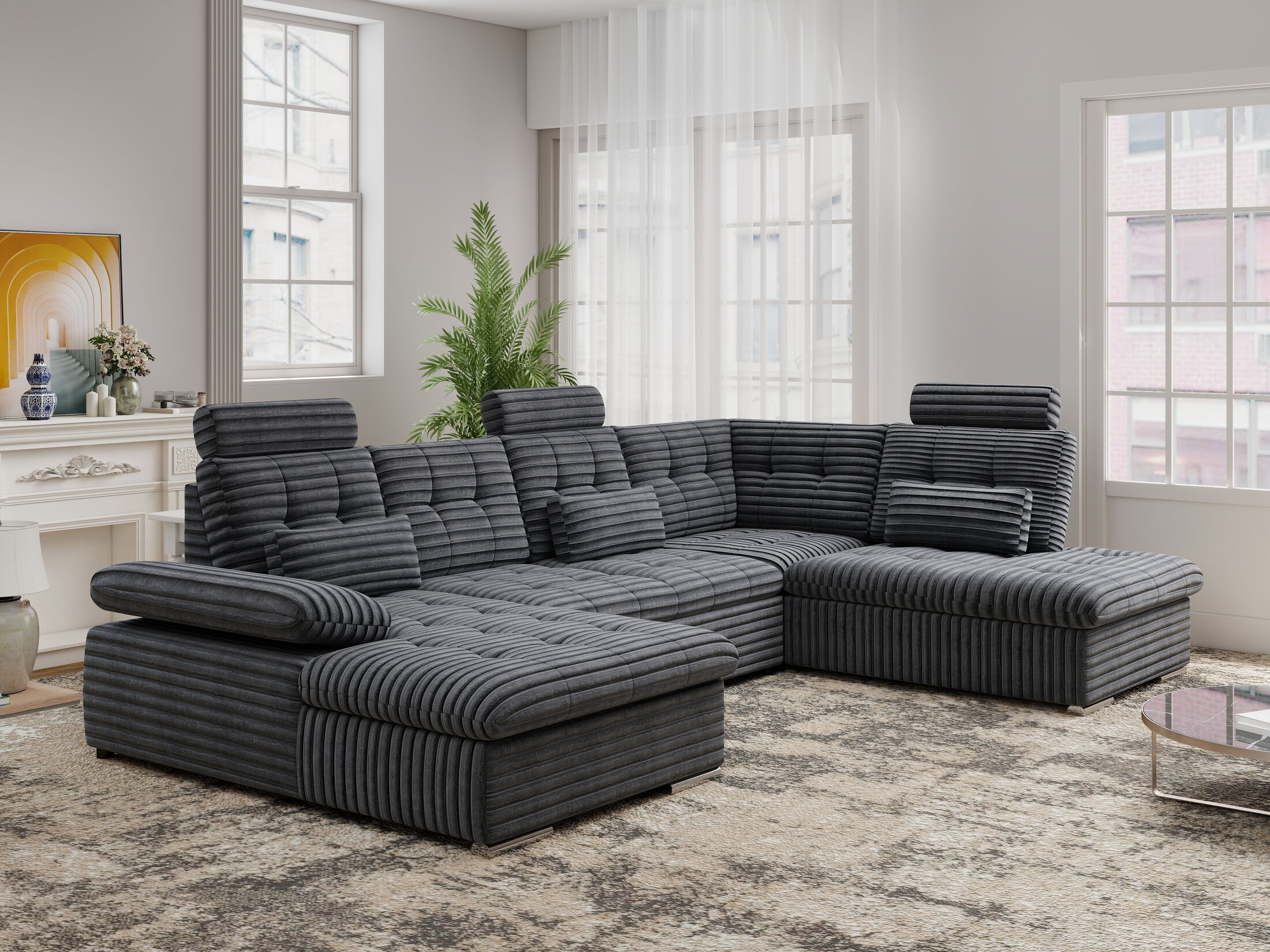 Colțar extensibil dumonde cu ladă de depozitare și șezut confortabil din spumă HR, Merkur U Ambience Gri 324x218 cm