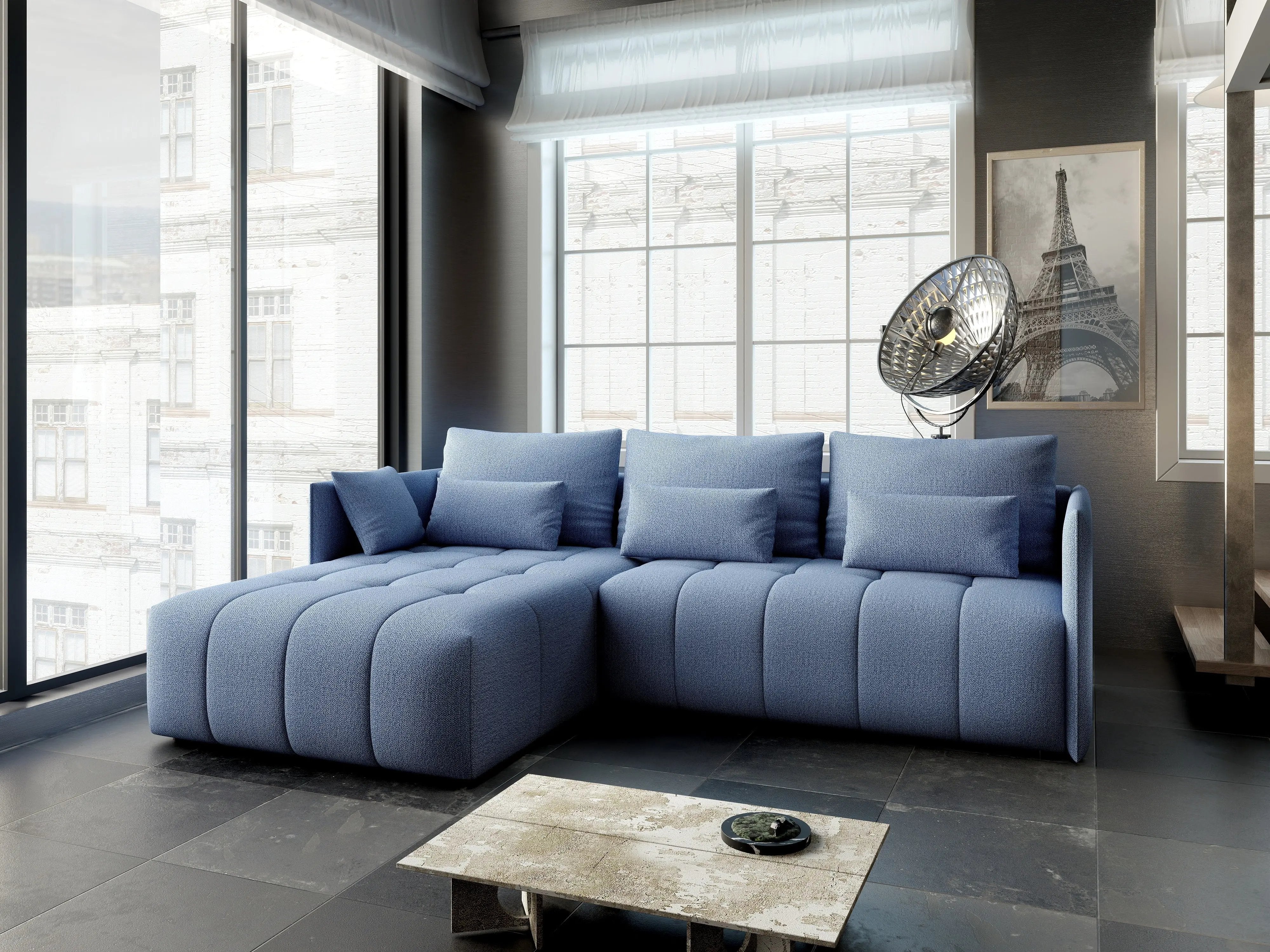 Colțar extensibil dumonde cu ladă de depozitare si sezut confortabil din spuma HR, Malta Enjoy Blue 235x185 cm Fabrica