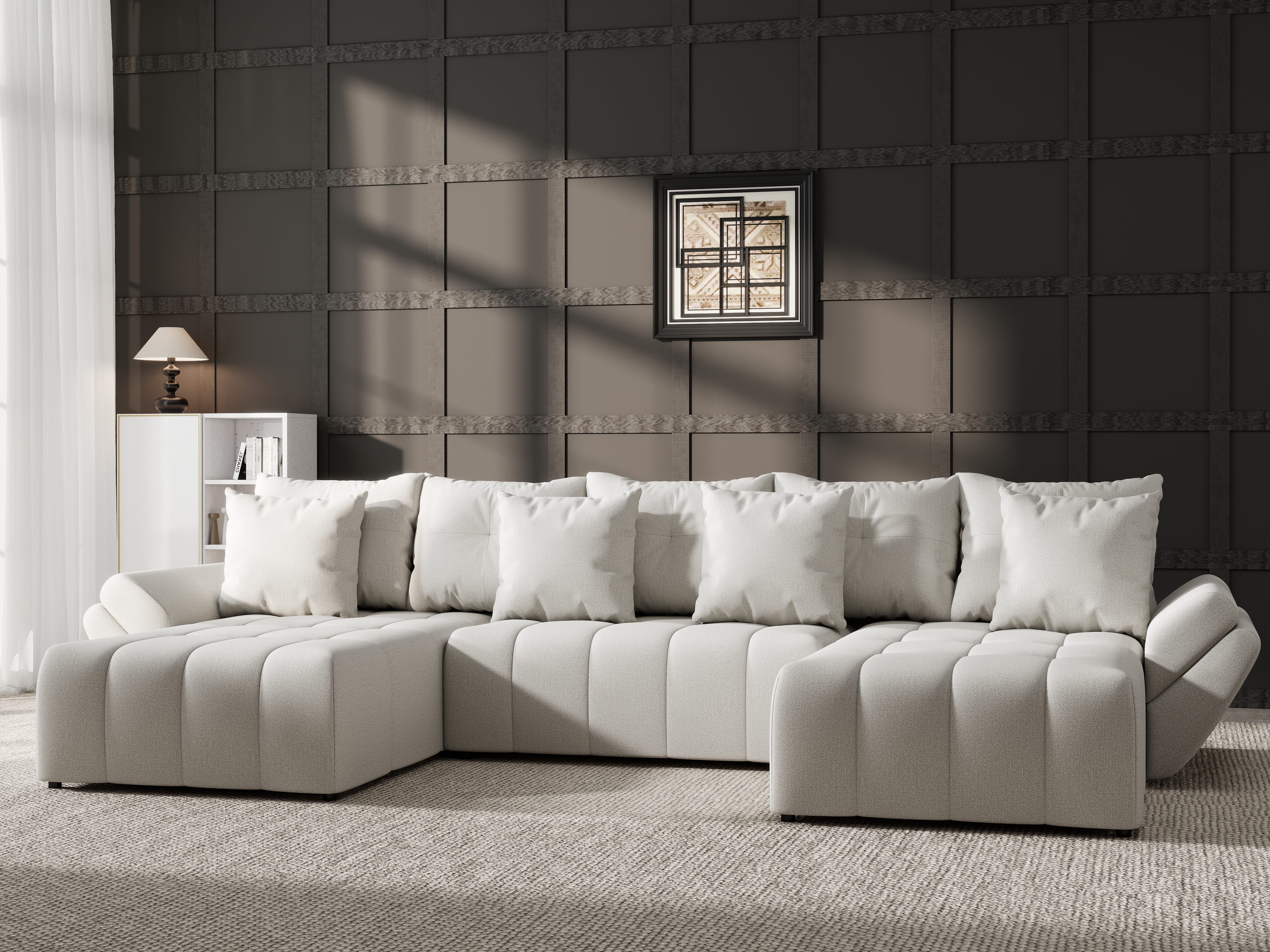 Colțar extensibil dumonde cu ladă de depozitare si sezut confortabil din spuma HR, Berlin U Enjoy Bej 380x180 cm Fabrica