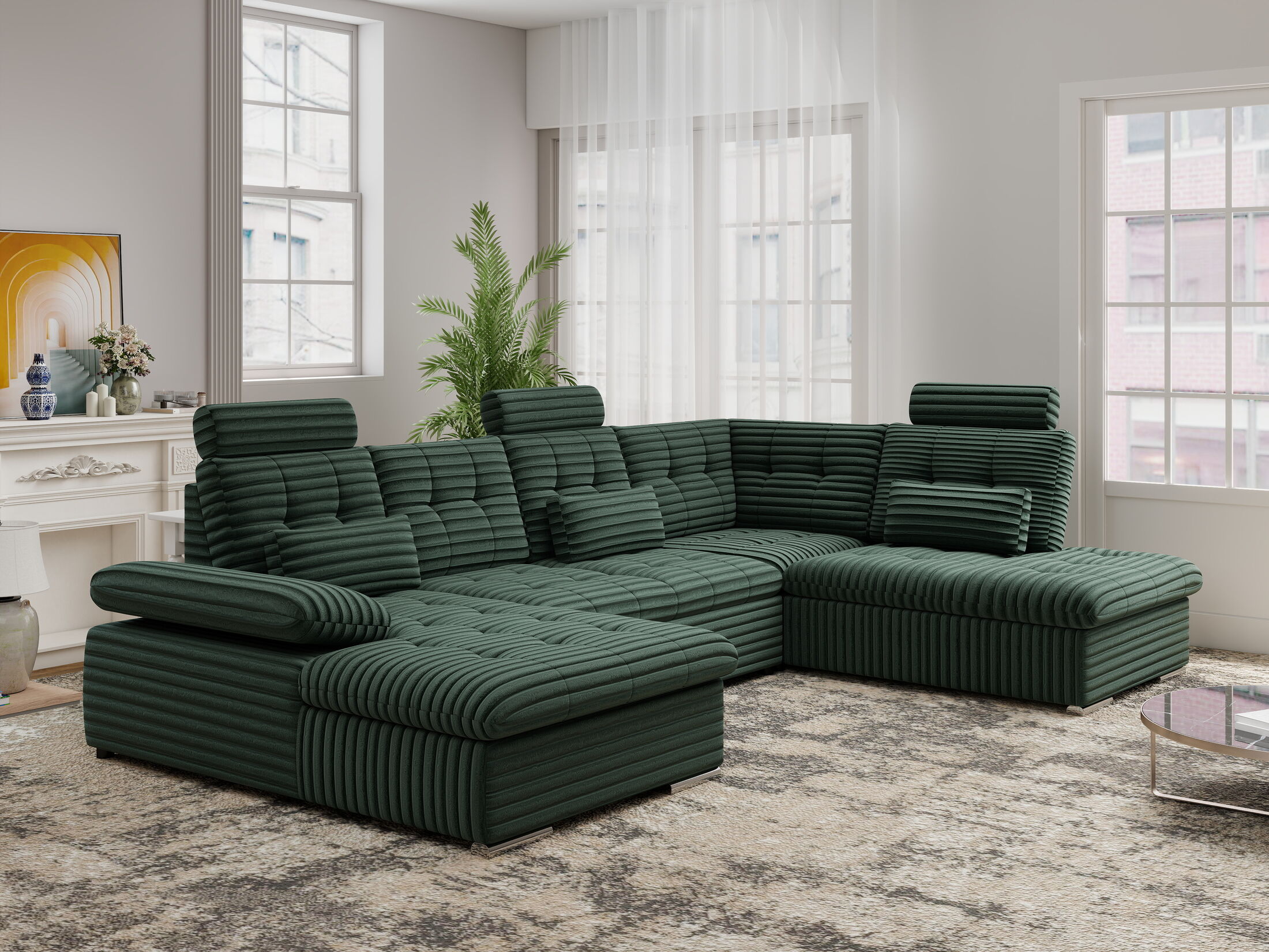 Colțar extensibil dumonde cu ladă de depozitare și șezut confortabil din spumă HR, Merkur U Ambience Verde 324x218 cm