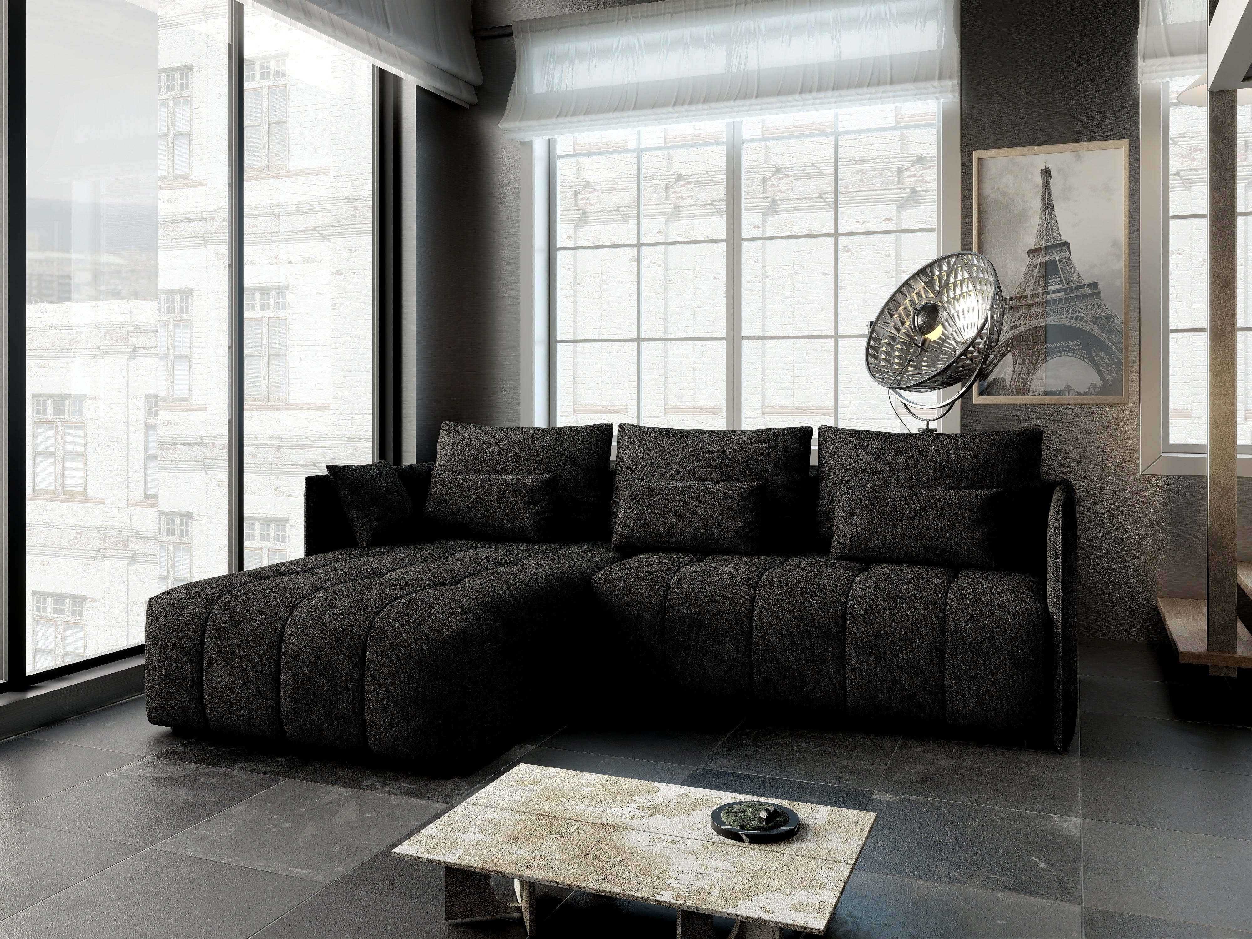 Colțar extensibil dumonde cu ladă de depozitare si sezut confortabil din spuma HR, Malta Enjoy Black 235x185 cm Fabrica