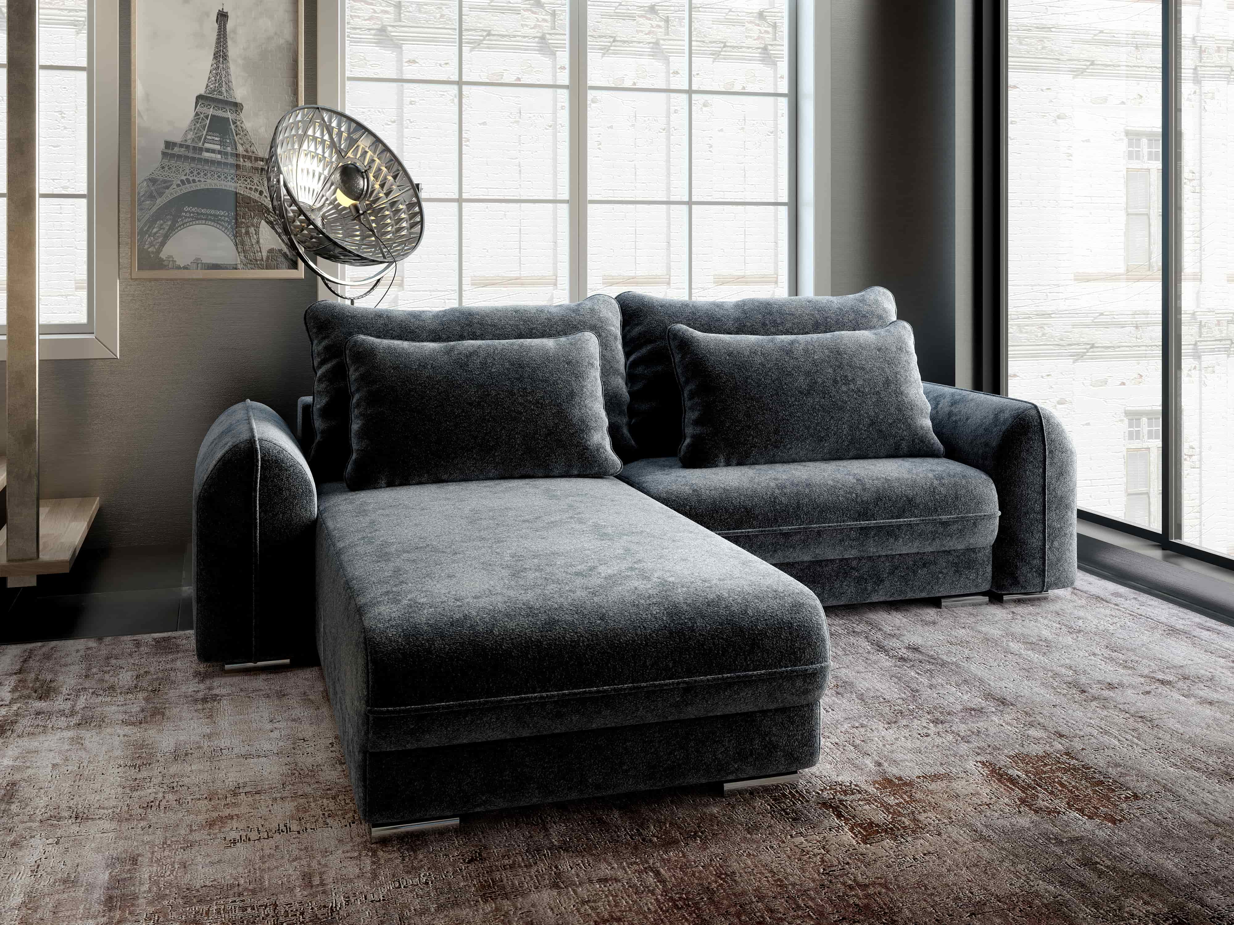 Colțar extensibil dumonde cu ladă de depozitare si sezut confortabil din spuma HR, Denver Euphoria Grafit 275x185 cm Fabrica