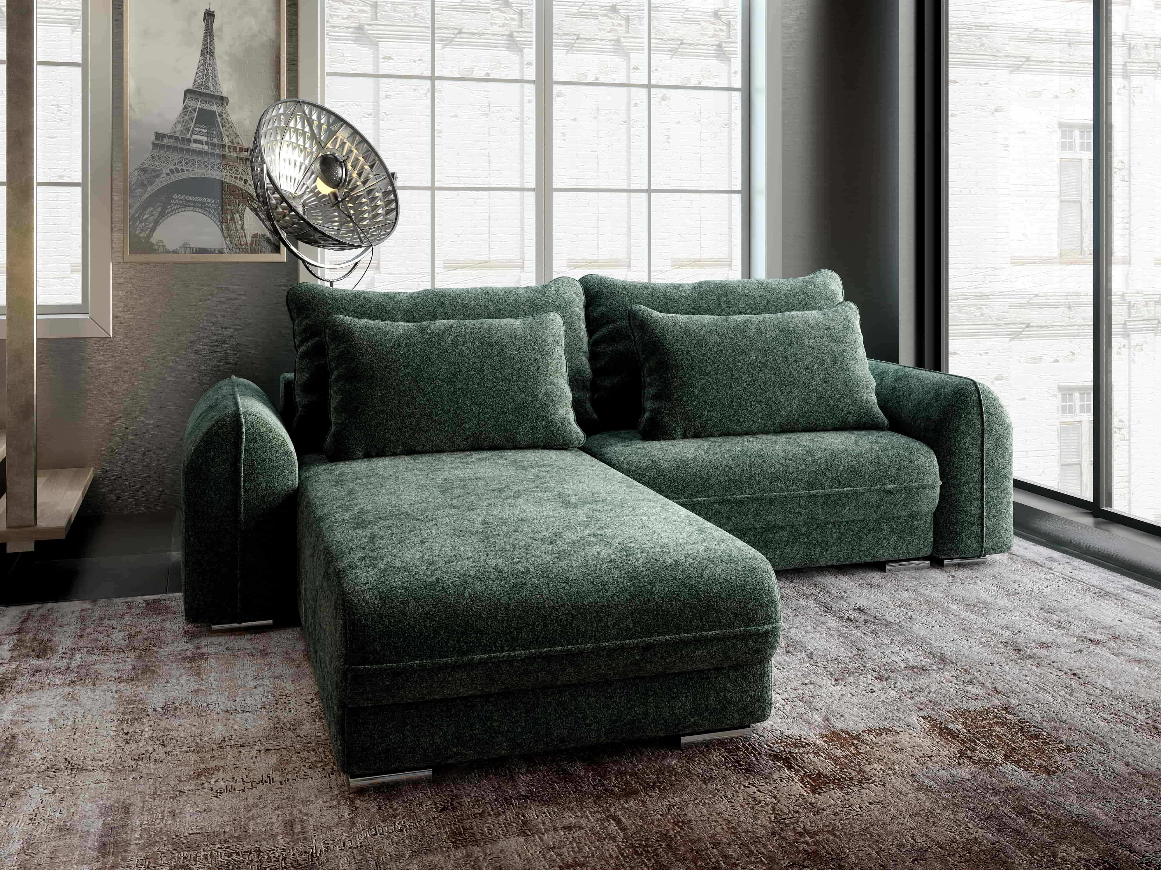 Colțar extensibil dumonde cu ladă de depozitare si sezut confortabil din spuma HR, Denver Euphoria Verde 275x185 cm Fabrica