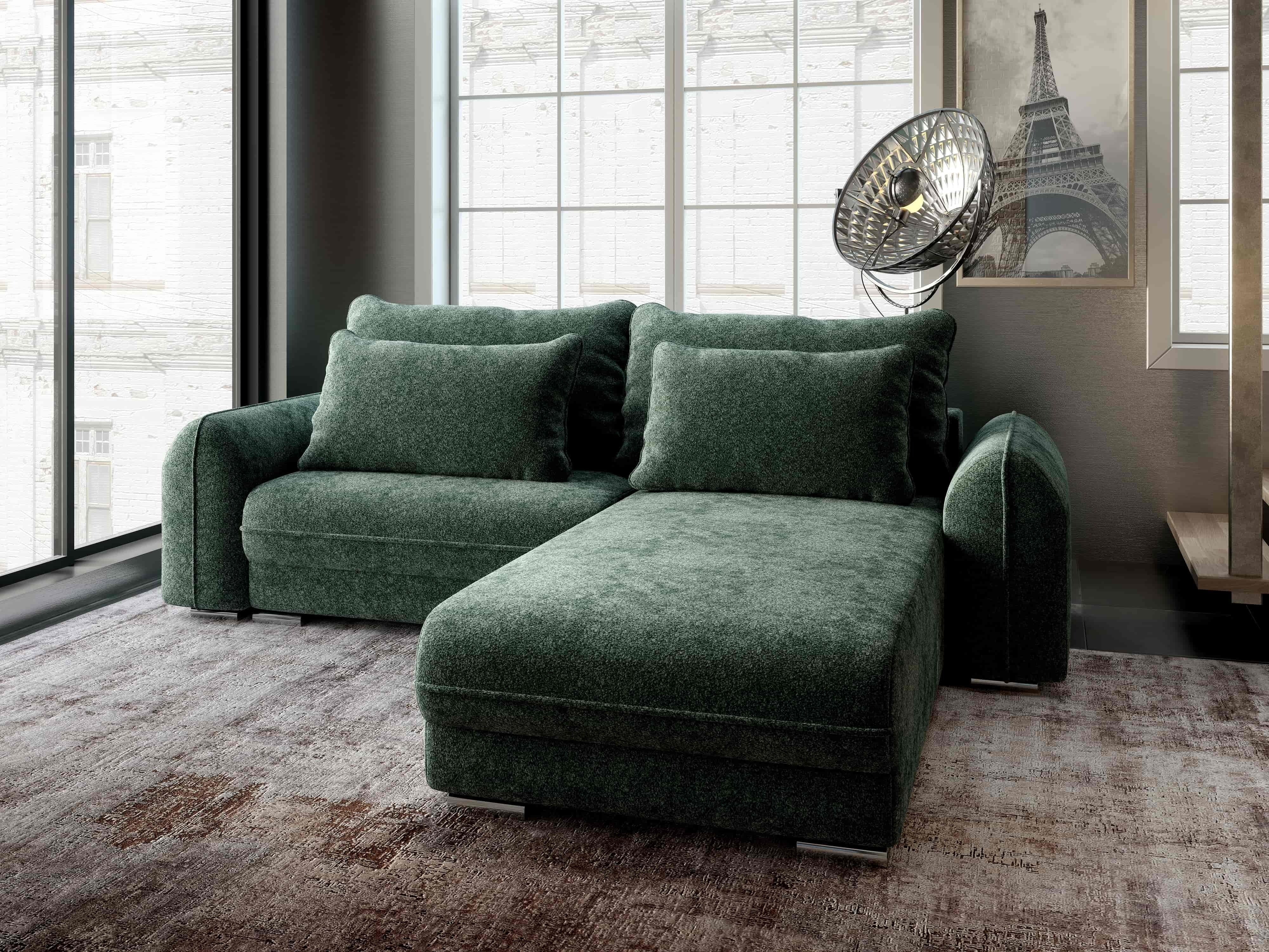 Colțar extensibil dumonde cu ladă de depozitare si sezut confortabil din spuma HR, Denver Euphoria Verde 275x185 cm II Fabrica