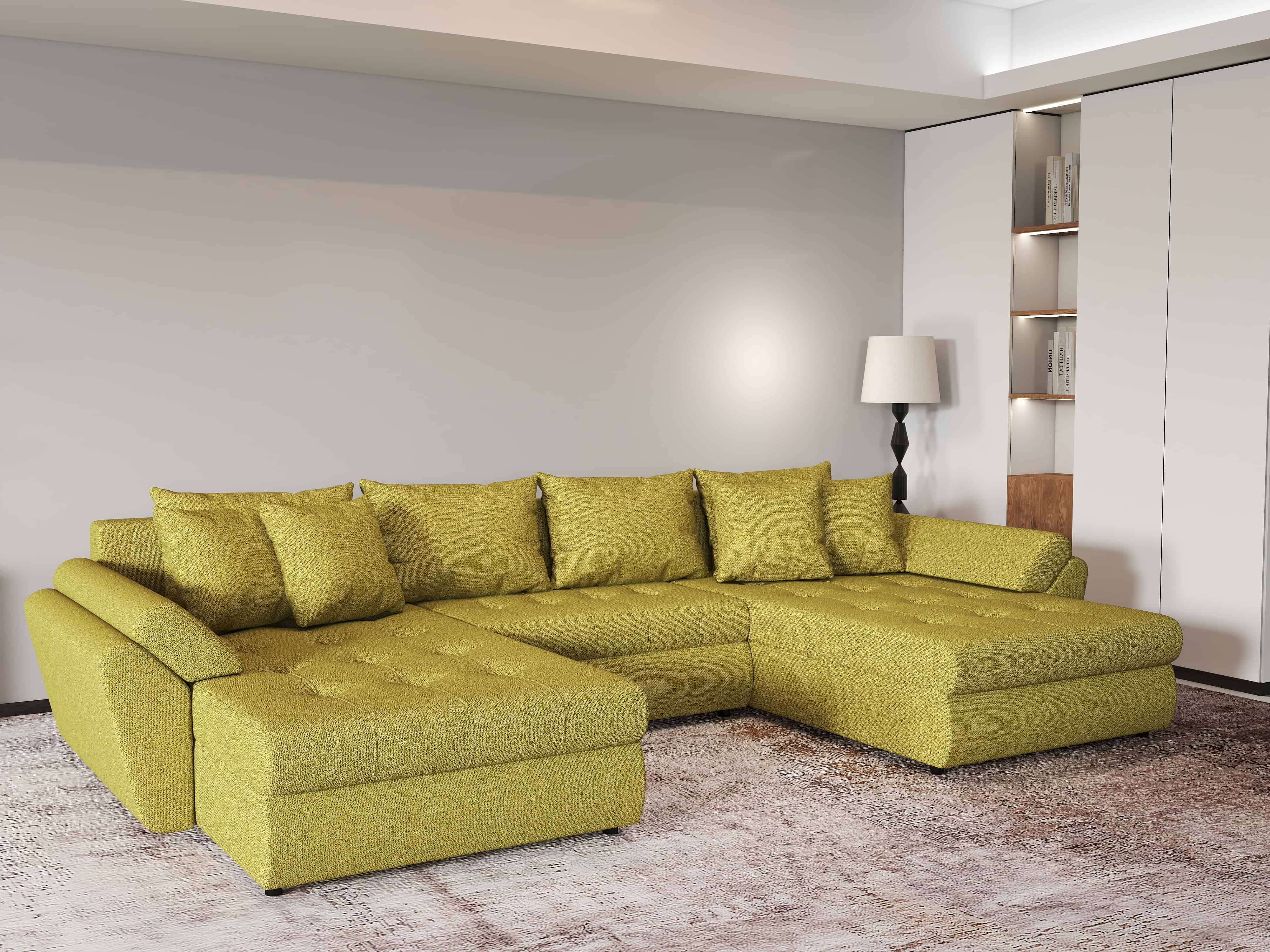 Colțar extensibil dumonde cu ladă de depozitare si sezut confortabil din spuma HR, Loana U Green Lux 355x185 cm Fabrica