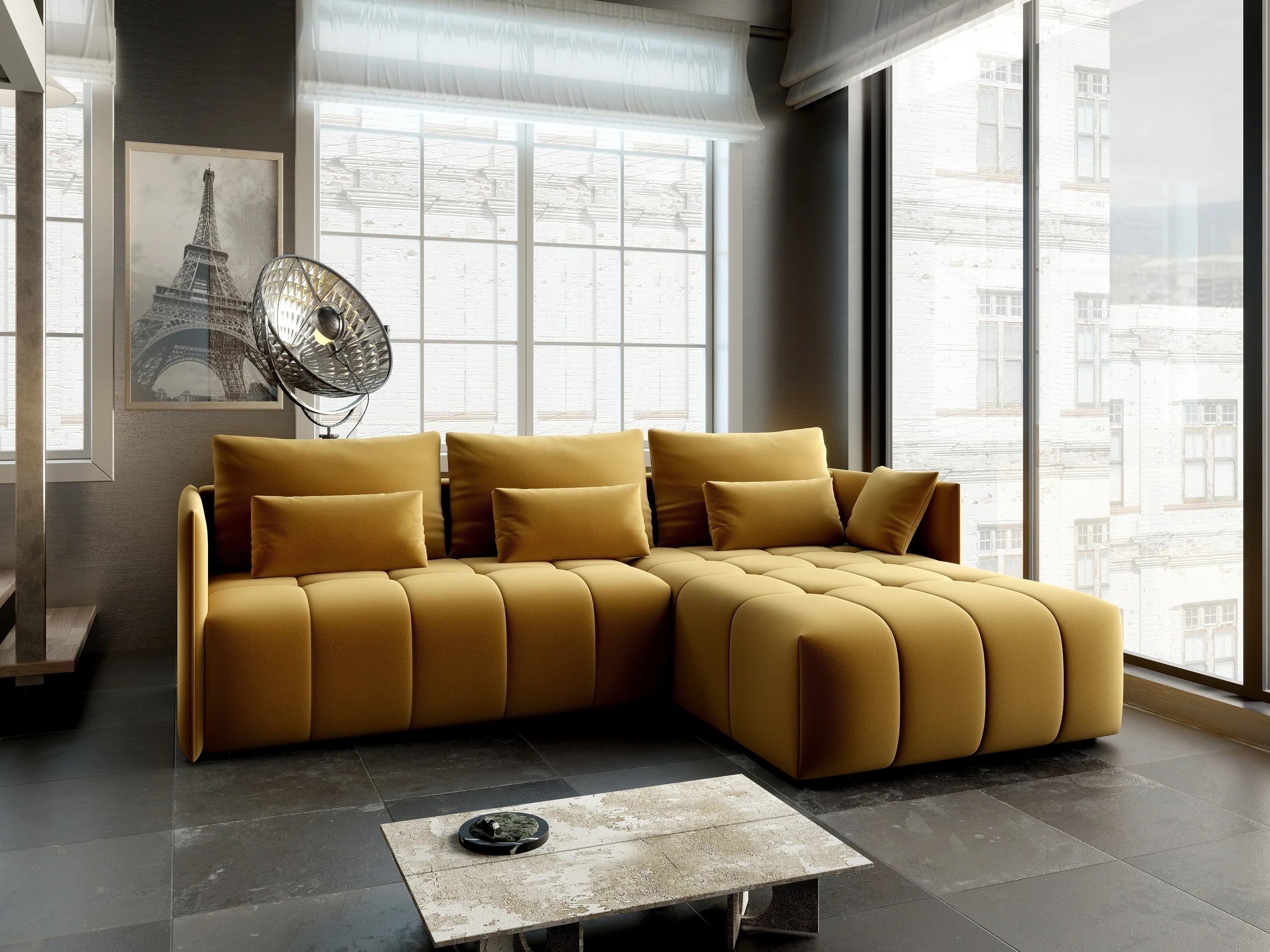 Colțar extensibil dumonde cu ladă de depozitare si sezut confortabil din spuma HR, Malta Royal Muștar II 235x185 cm Fabrica