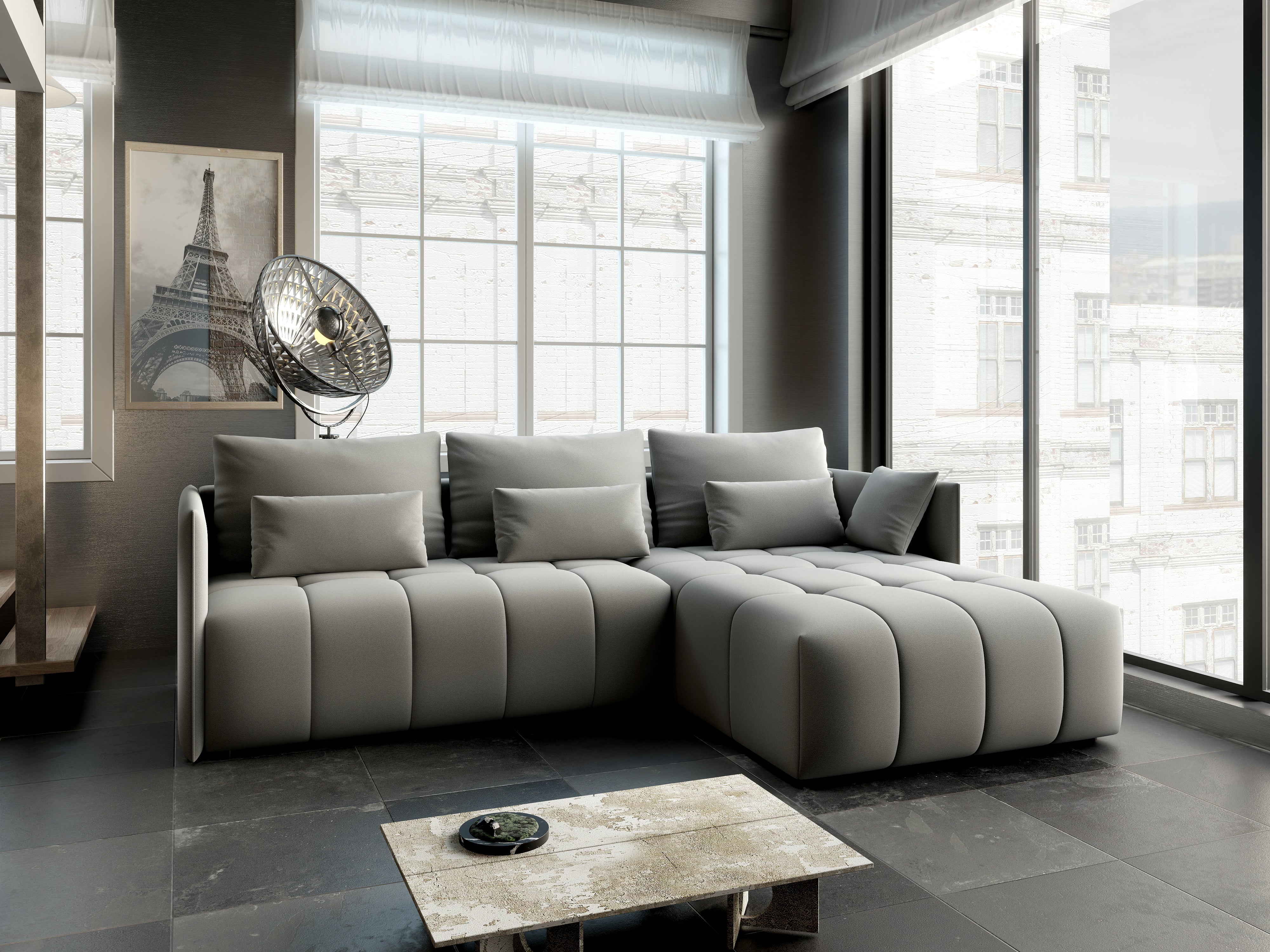 Colțar extensibil dumonde cu ladă de depozitare si sezut confortabil din spuma HR, Malta Royal Grey II 235x185 cm Fabrica