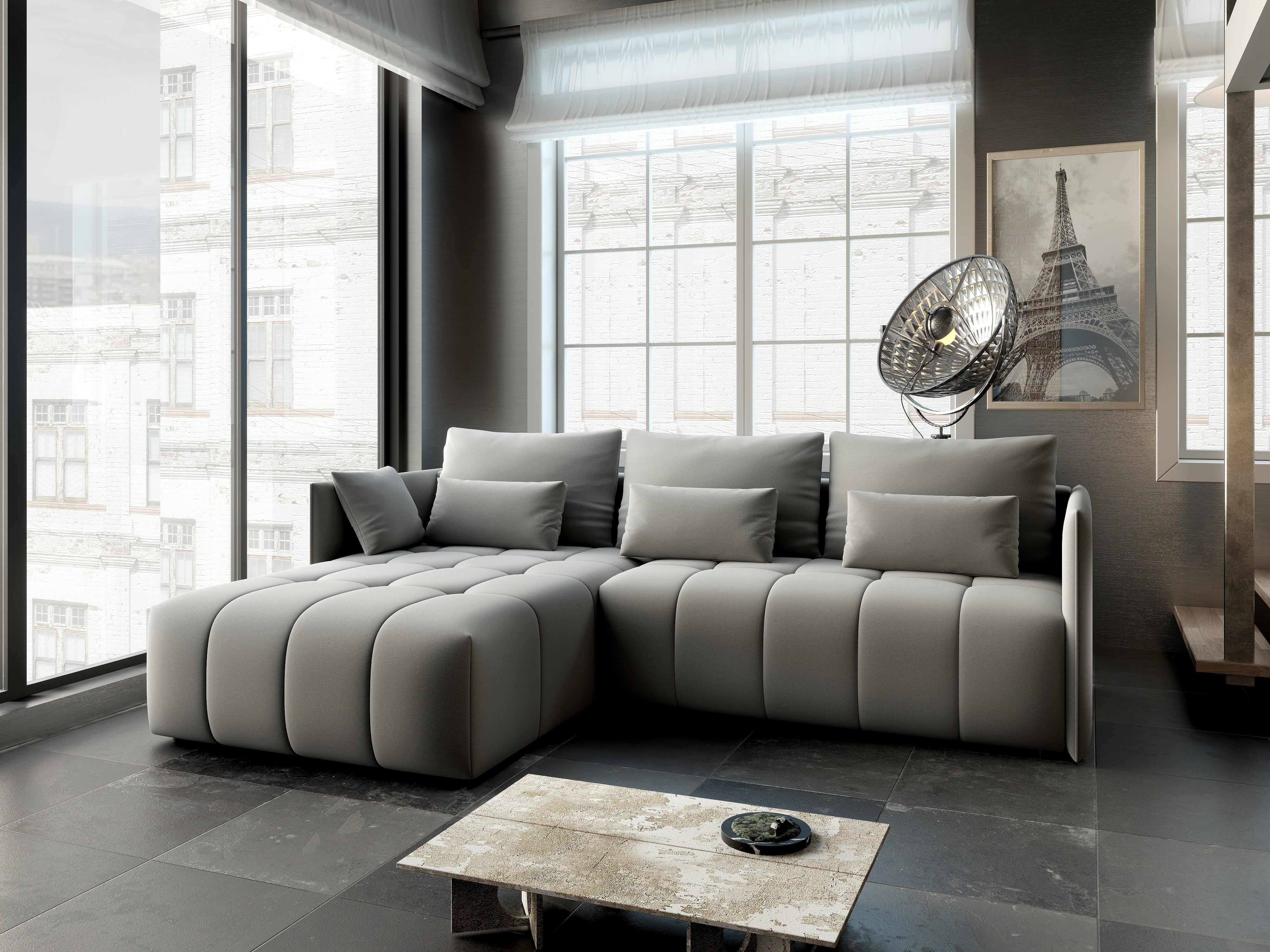 Colțar extensibil dumonde cu ladă de depozitare si sezut confortabil din spuma HR, Malta Royal Grey 235x185 cm Fabrica