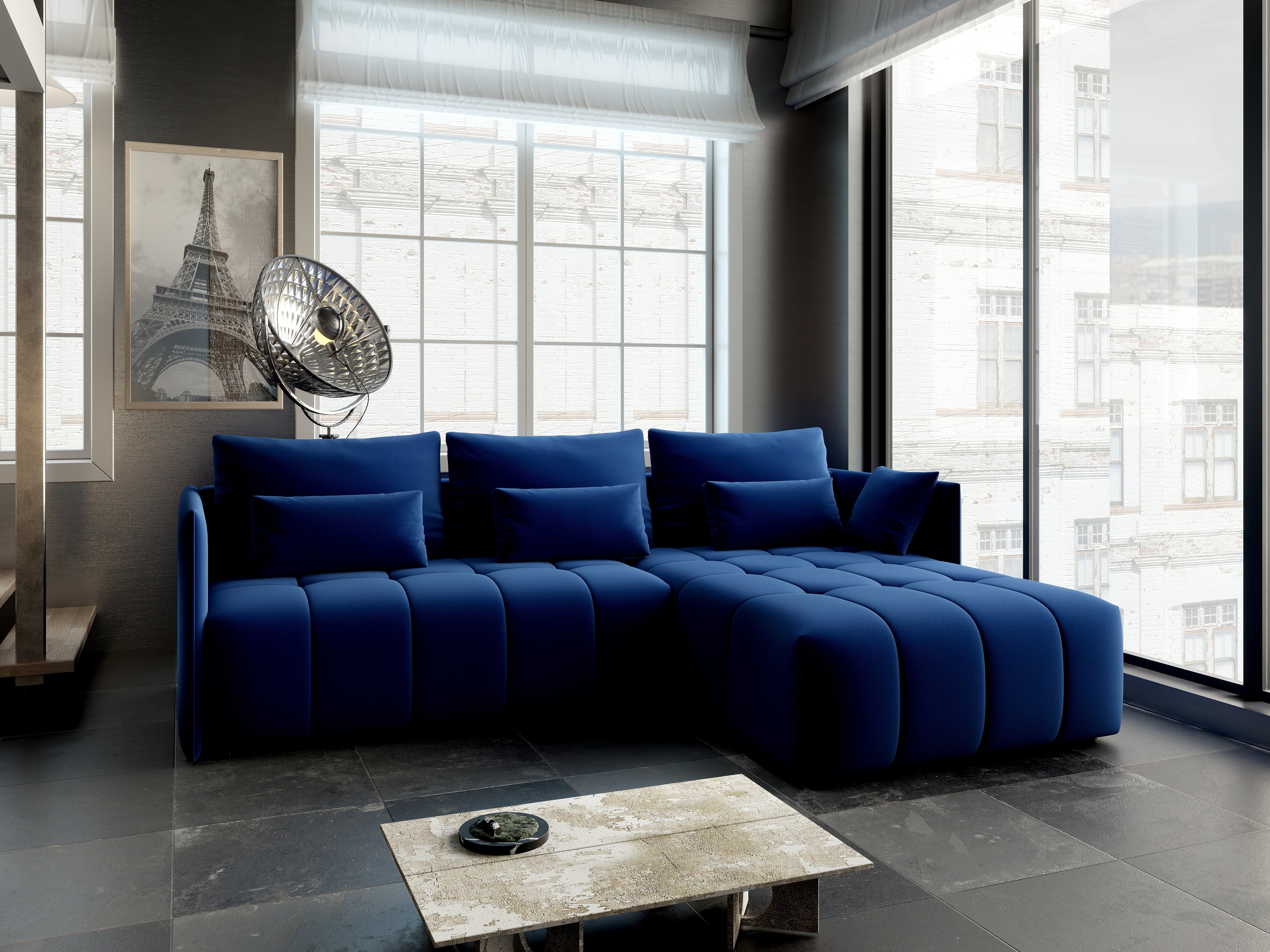 Colțar extensibil dumonde cu ladă de depozitare si sezut confortabil din spuma HR, Malta Royal Blue II 235x185 cm Fabrica