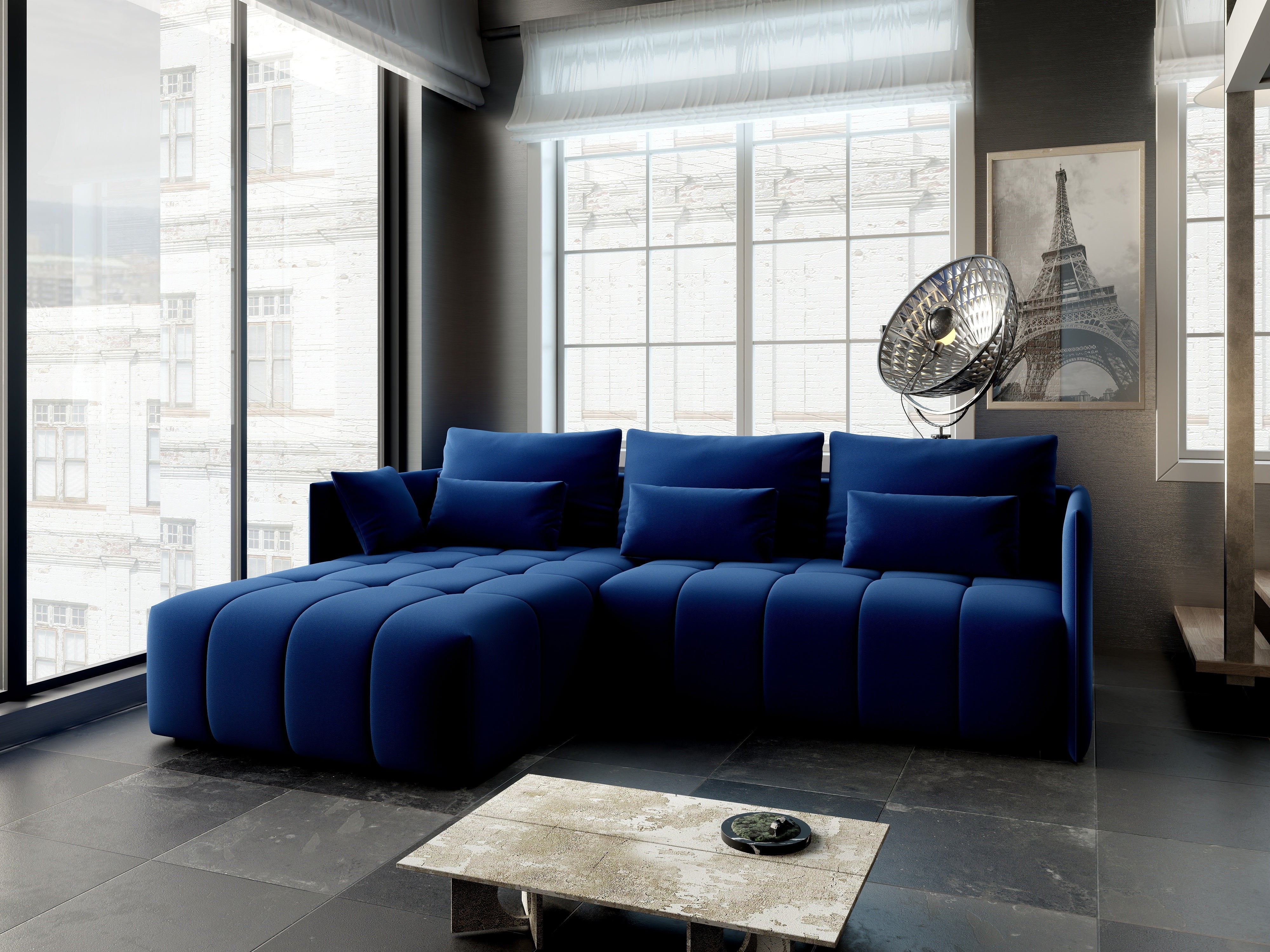 Colțar extensibil dumonde cu ladă de depozitare si sezut confortabil din spuma HR, Malta Royal Blue 235x185 cm Fabrica