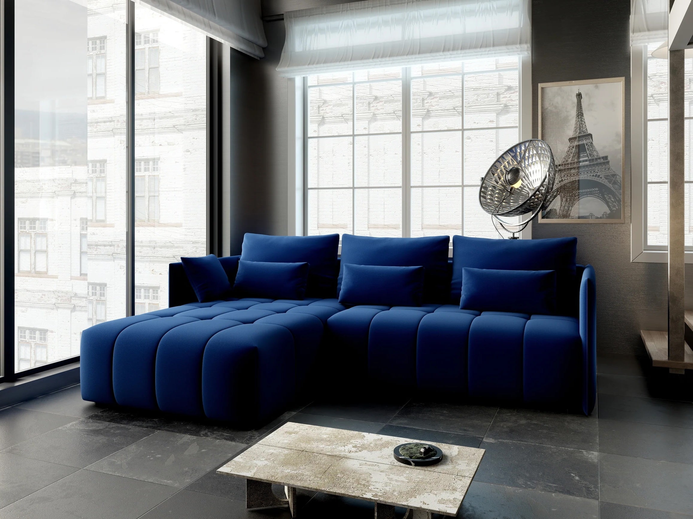 Colțar extensibil dumonde cu ladă de depozitare si sezut confortabil din spuma HR, Malta Royal Blue 235x185 cm Fabrica