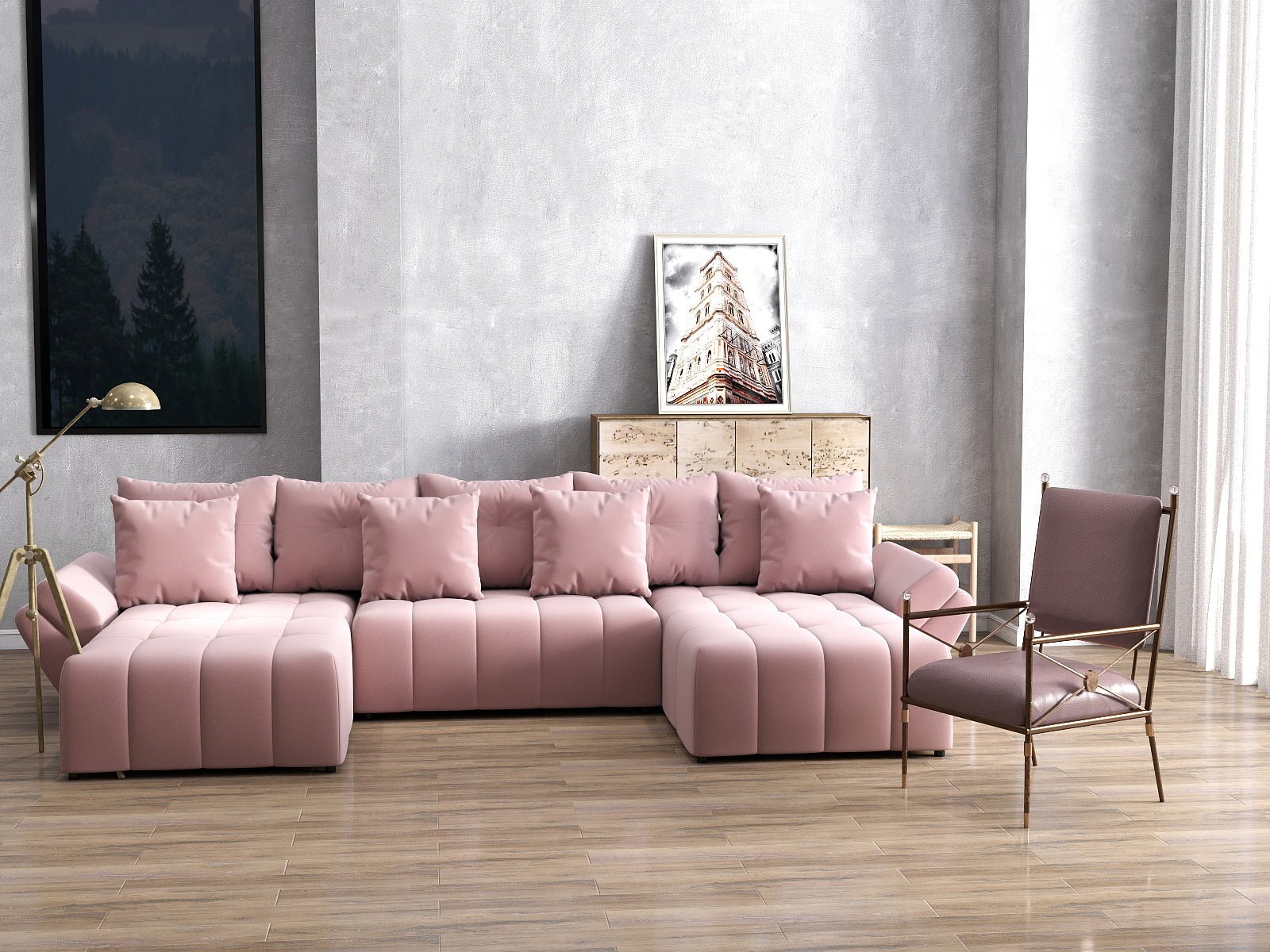 Colțar extensibil dumonde cu ladă de depozitare si sezut confortabil din spuma HR, Berlin U Royal Roz 380x180 cm Fabrica