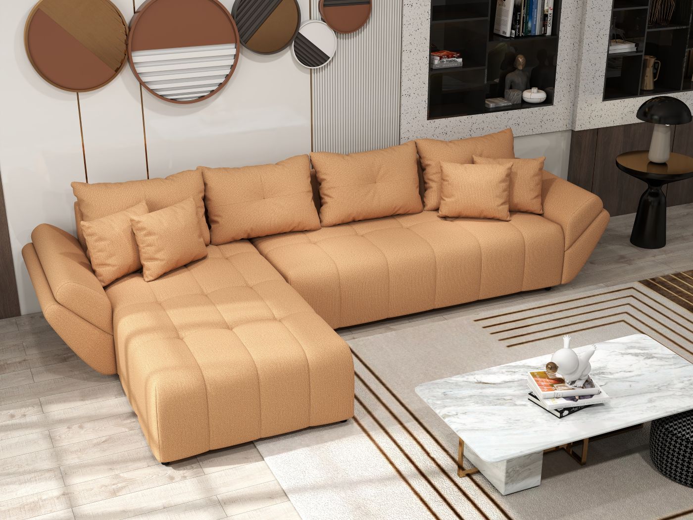 Colțar extensibil dumonde cu ladă de depozitare si sezut confortabil din spuma HR, Berlin XL Enjoy Mango 350x185 cm II Fabrica