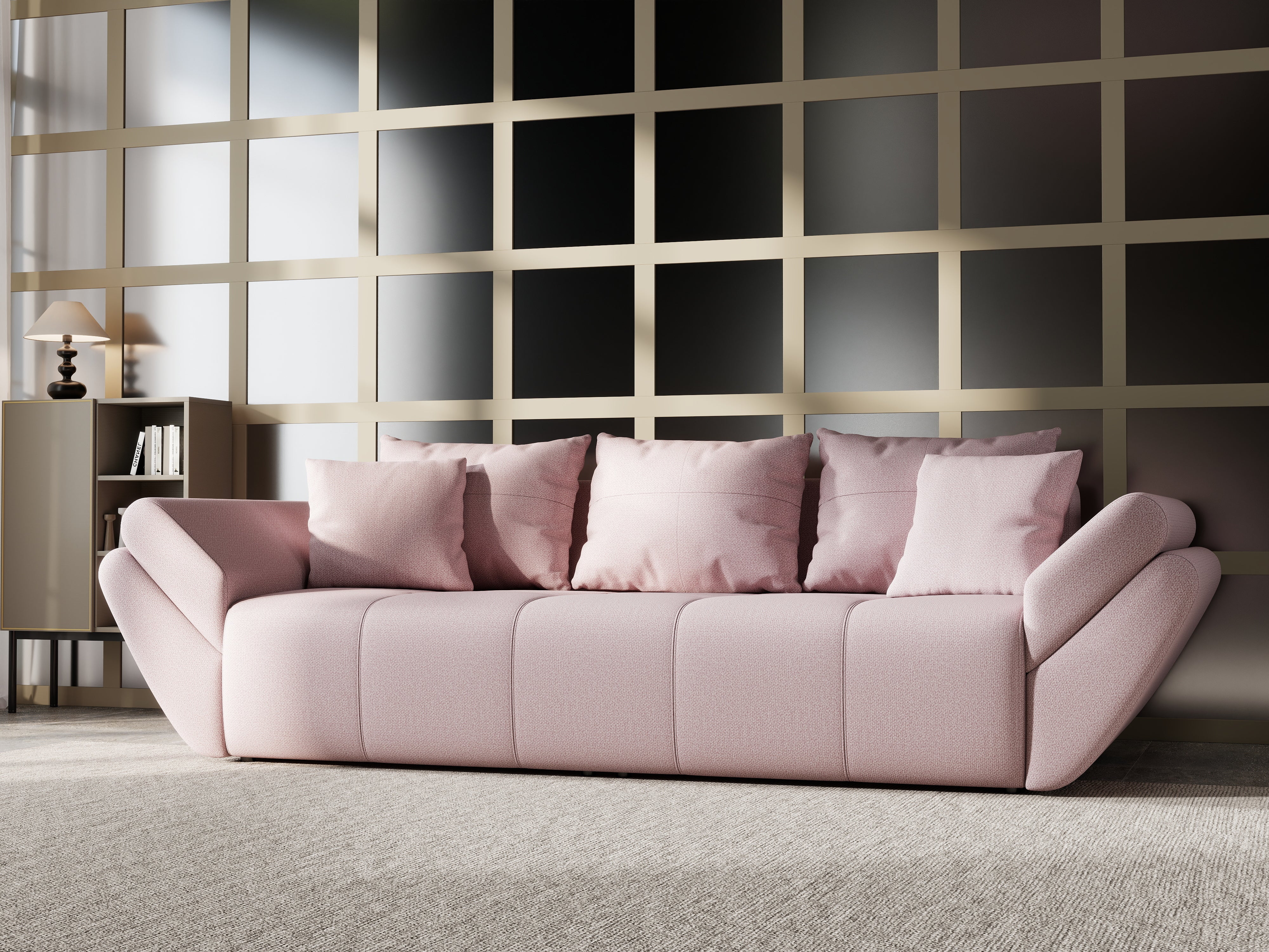 Canapea extensibilă dumonde cu ladă de depozitare si sezut confortabil din spuma HR, Berlin Enjoy Flamingo 250x100 cm Fabrica