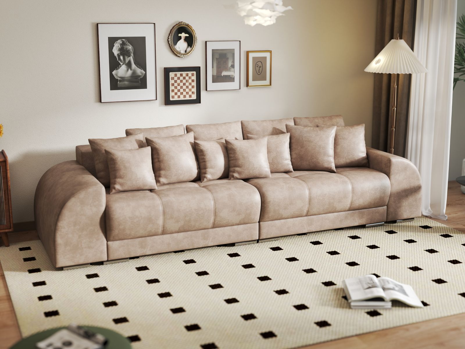 Canapea extensibilă dumonde cu 2 lăzi de depozitare si sezut confortabil din spuma HR, Verona Tobago Beige 310x100 cm Fabrica