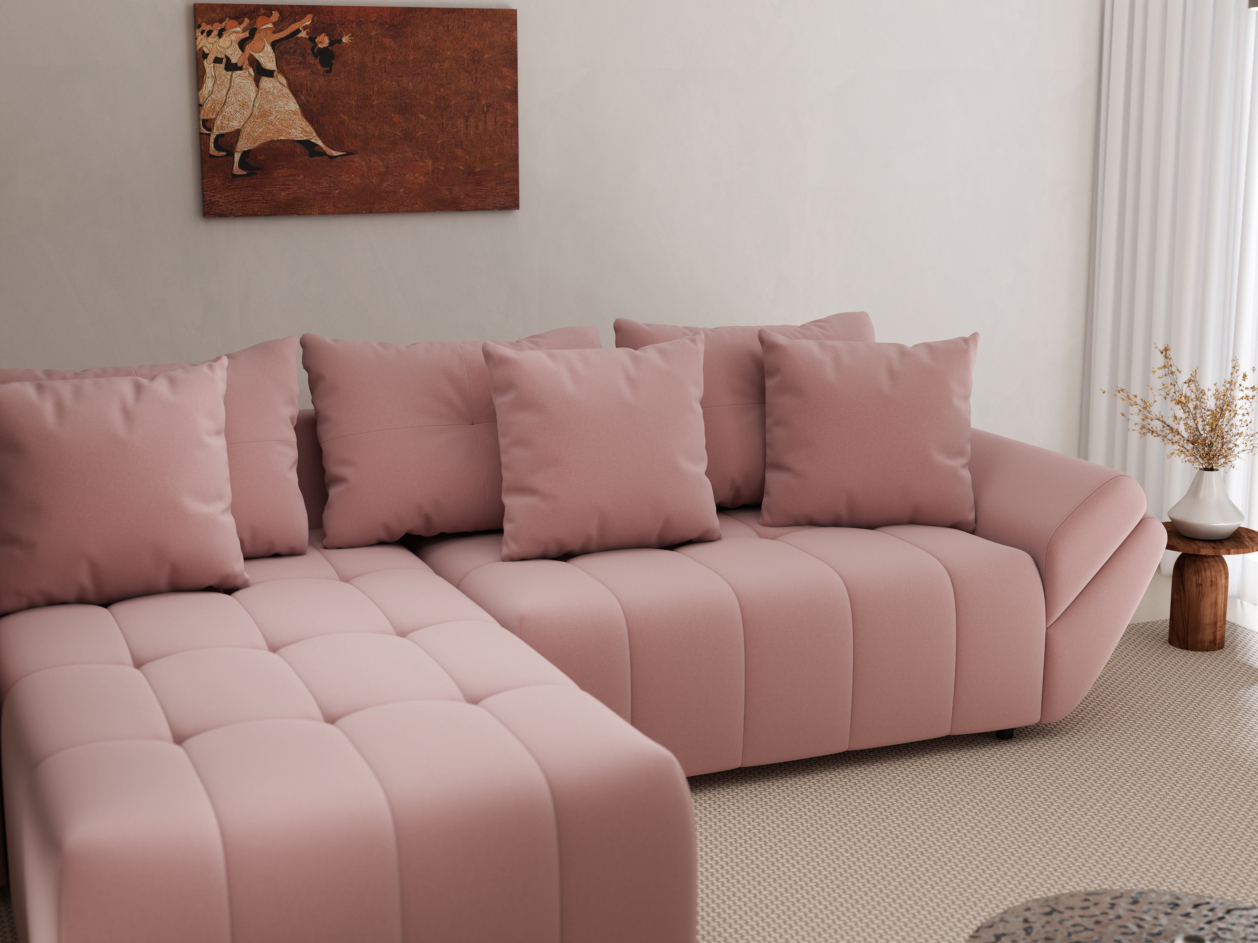 Colțar extensibil dumonde cu ladă de depozitare si sezut confortabil din spuma HR, Berlin Royal Roz 280x185 cm Fabrica