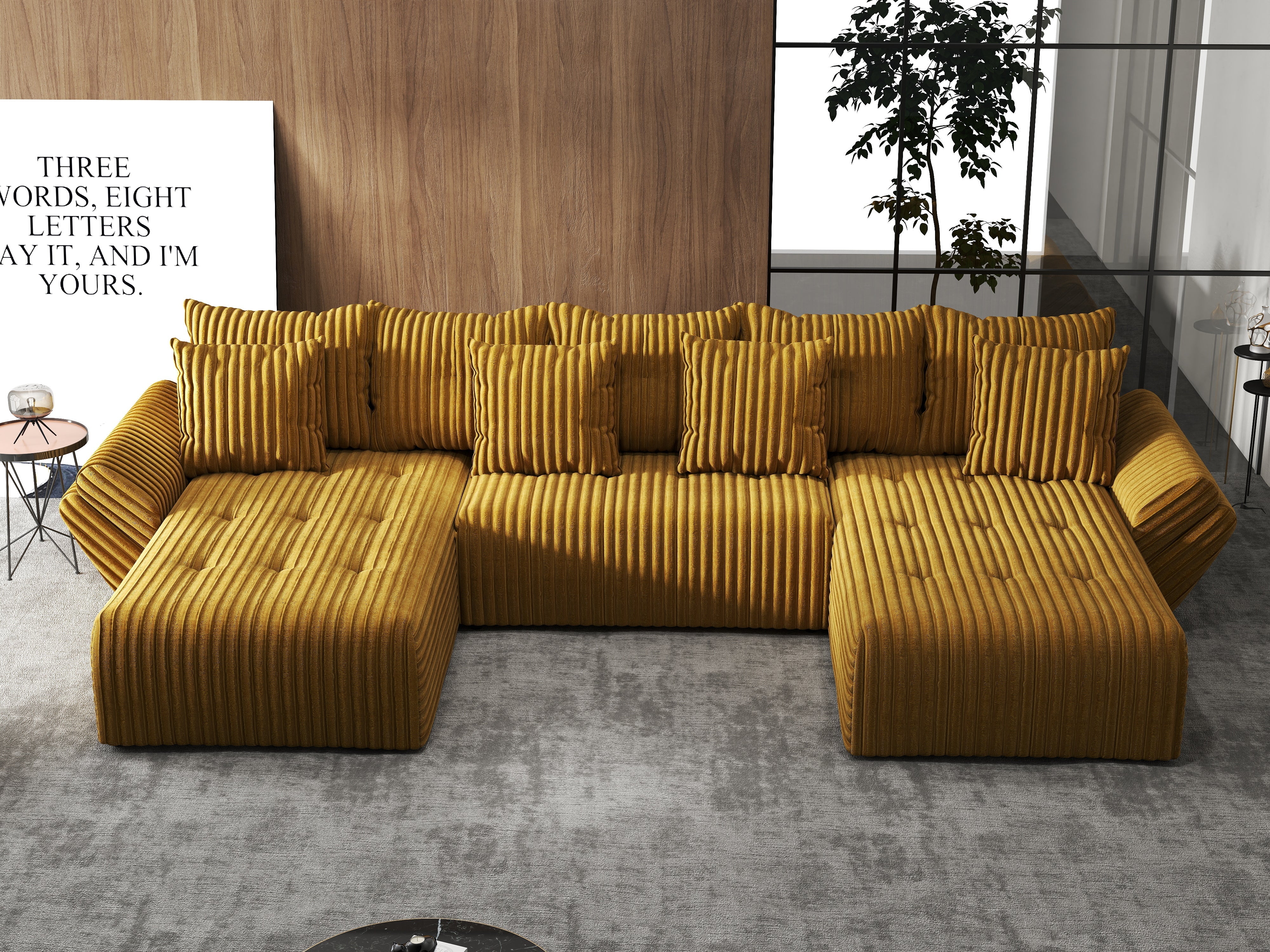 Colțar extensibil dumonde cu ladă de depozitare si sezut confortabil din spuma HR, Berlin U Ambiance Mustar 380x180 cm Fabrica