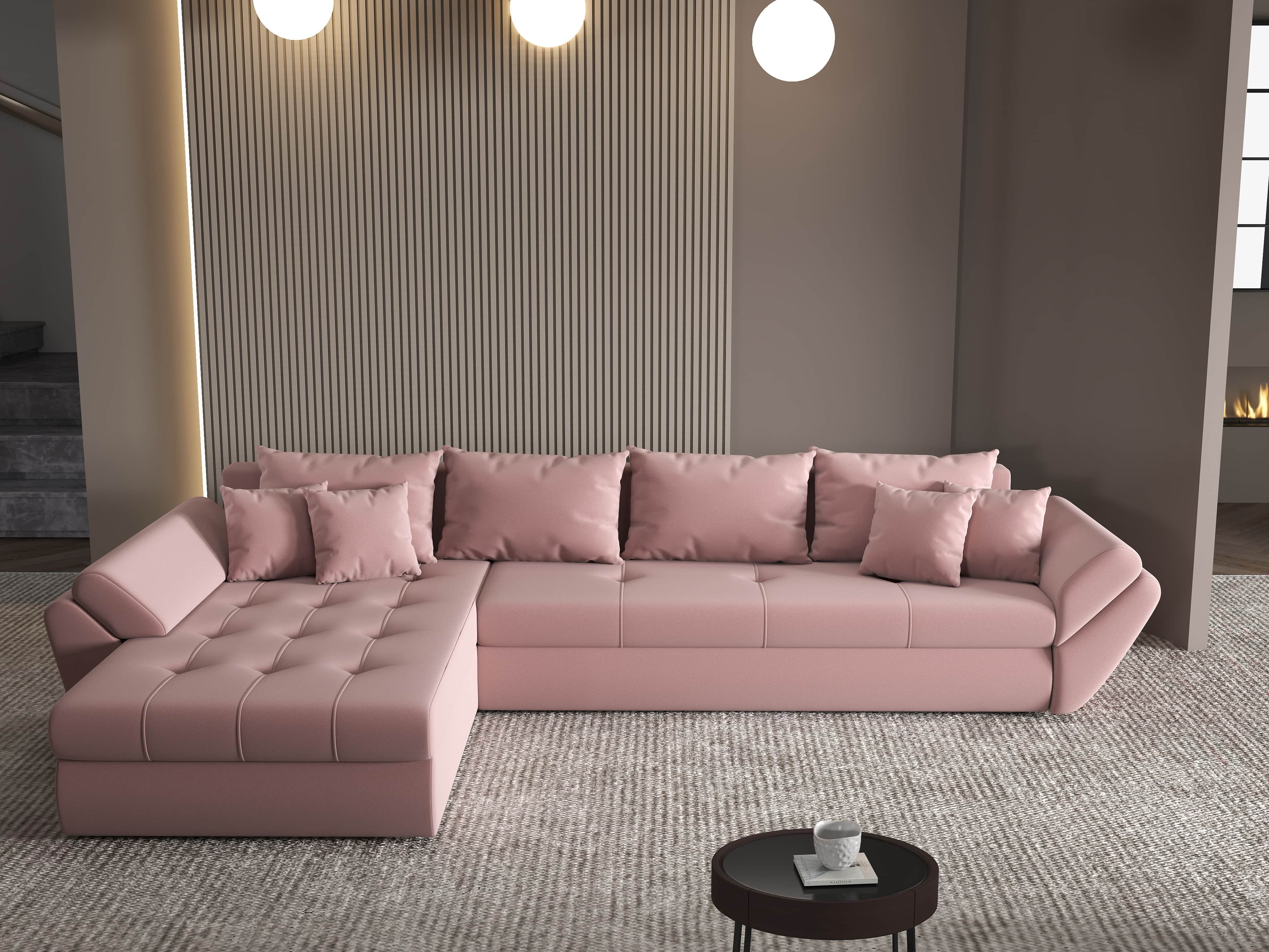 Colțar extensibil dumonde cu ladă de depozitare si sezut confortabil din spuma HR, Loana XL Royal Roz 335x185 cm Fabrica