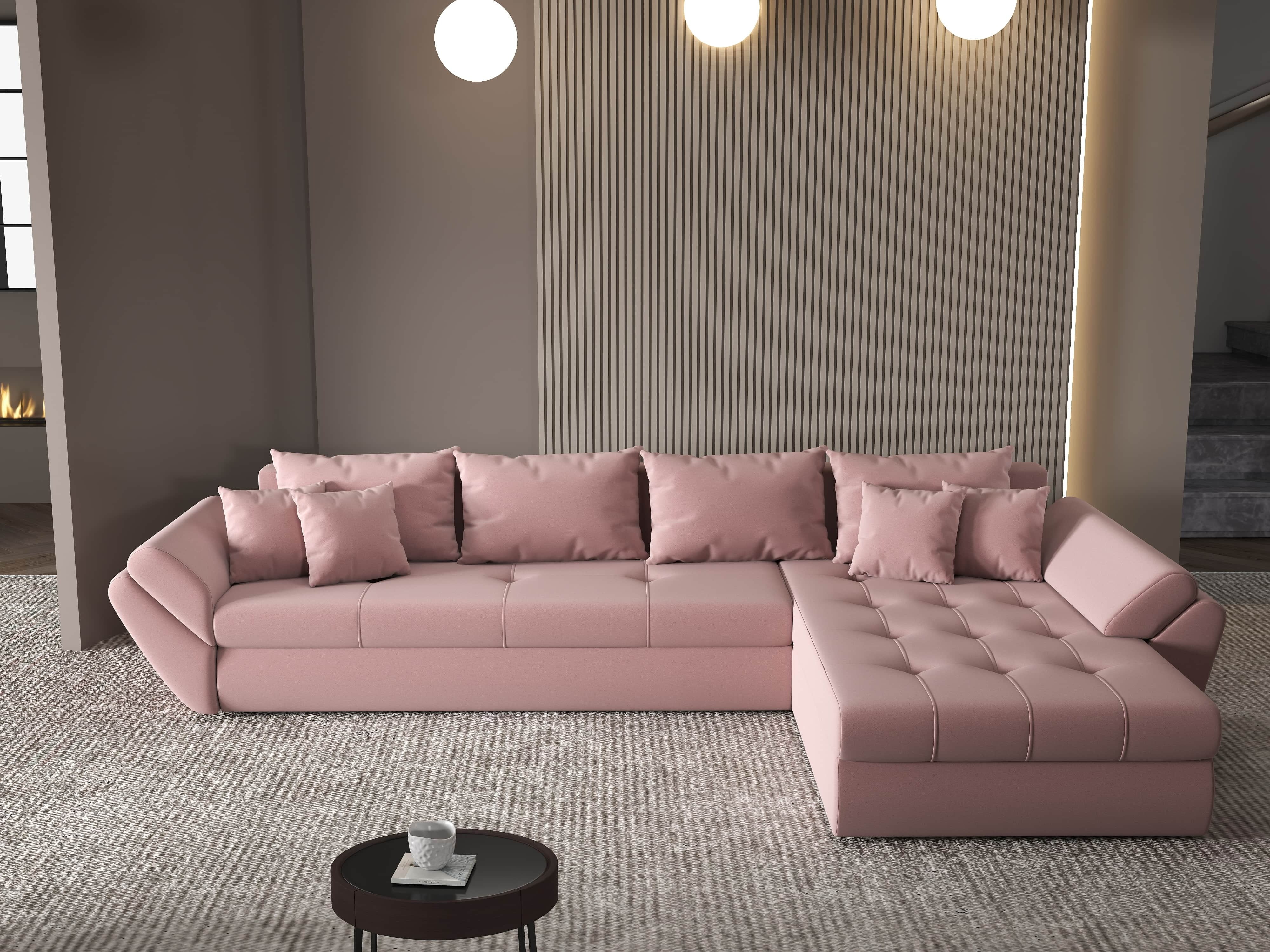 Colțar extensibil dumonde cu ladă de depozitare si sezut confortabil din spuma HR, Loana XL Royal Roz II 335x185 cm Fabrica