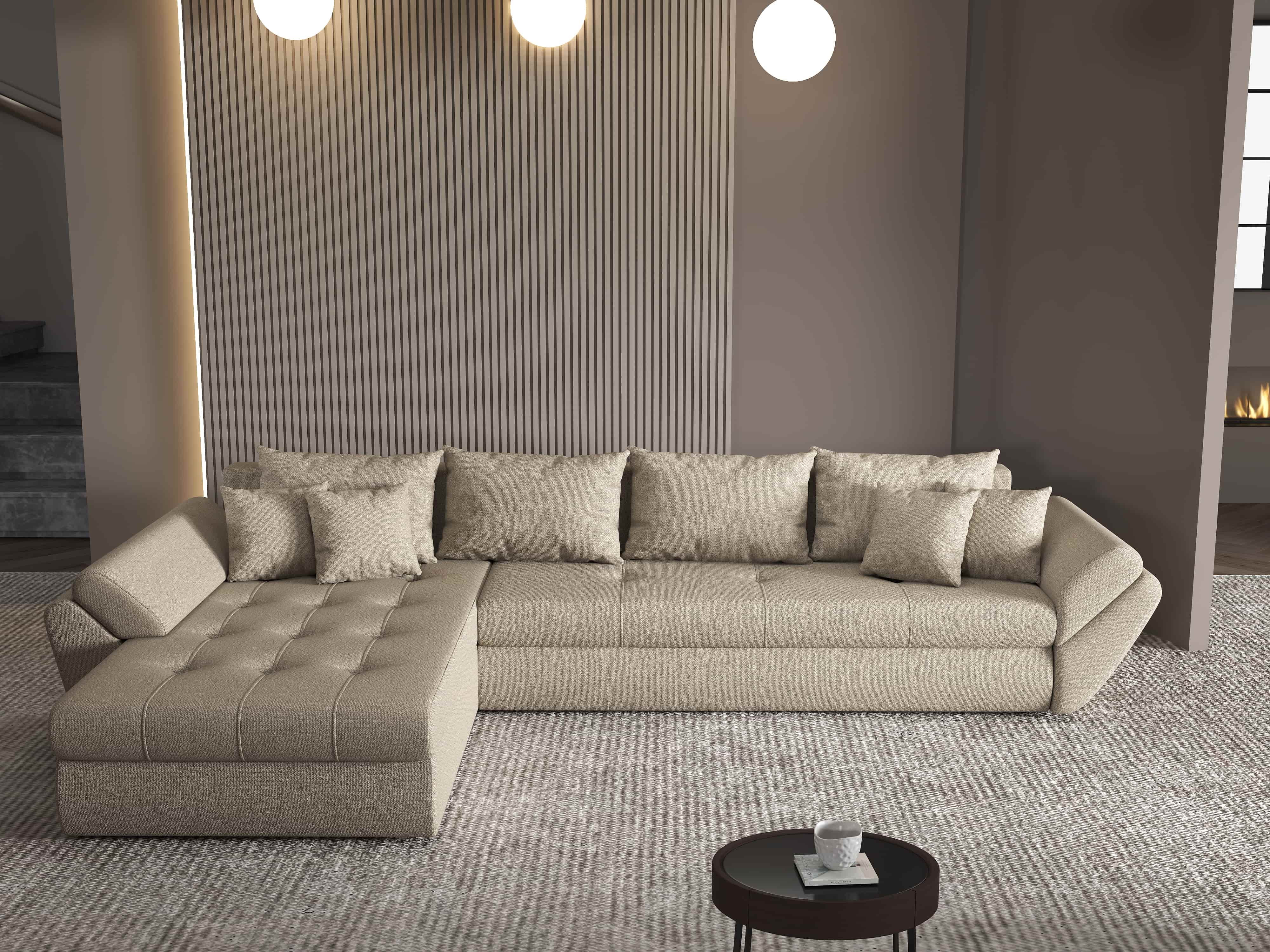 Colțar extensibil dumonde cu ladă de depozitare si sezut confortabil din spuma HR, Loana XL Enjoy Camel 335x185 cm Fabrica