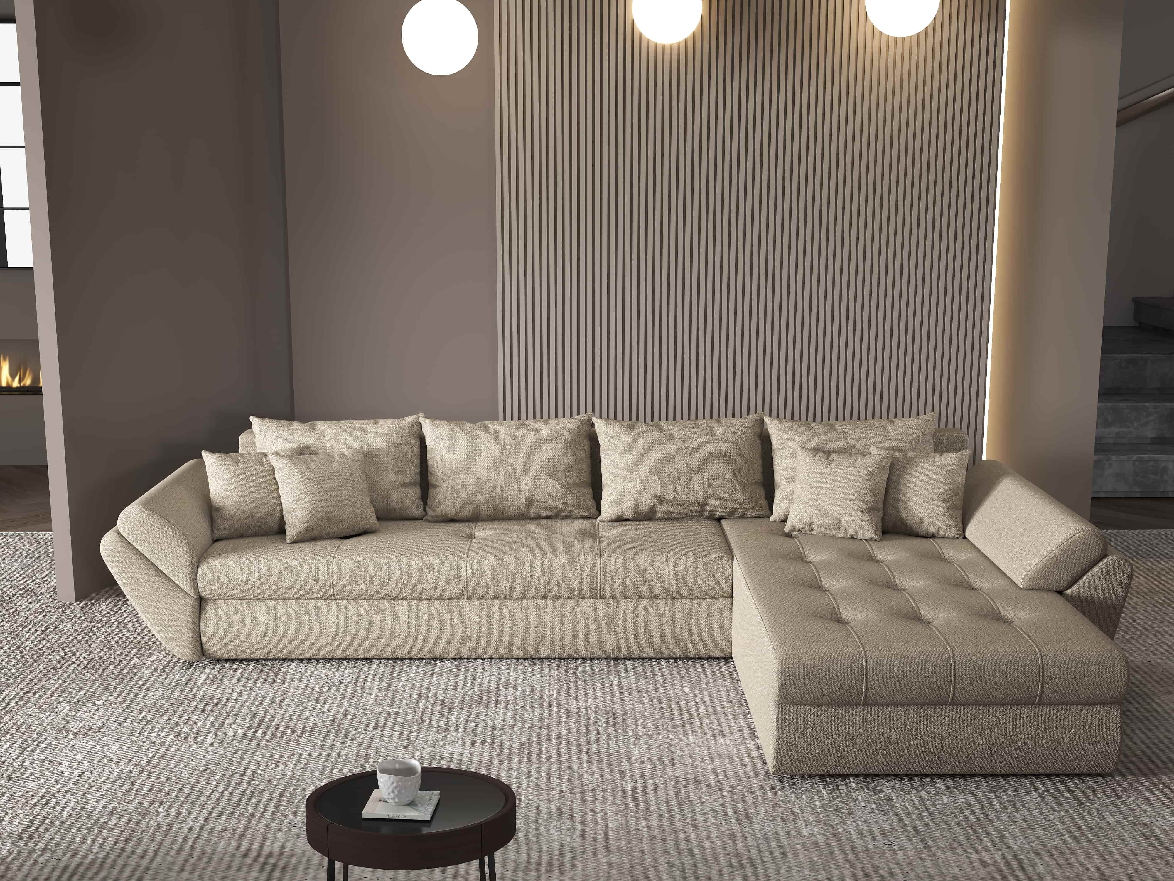 Colțar extensibil dumonde cu ladă de depozitare si sezut confortabil din spuma HR, Loana XL Enjoy Camel II 335x185 cm Fabrica