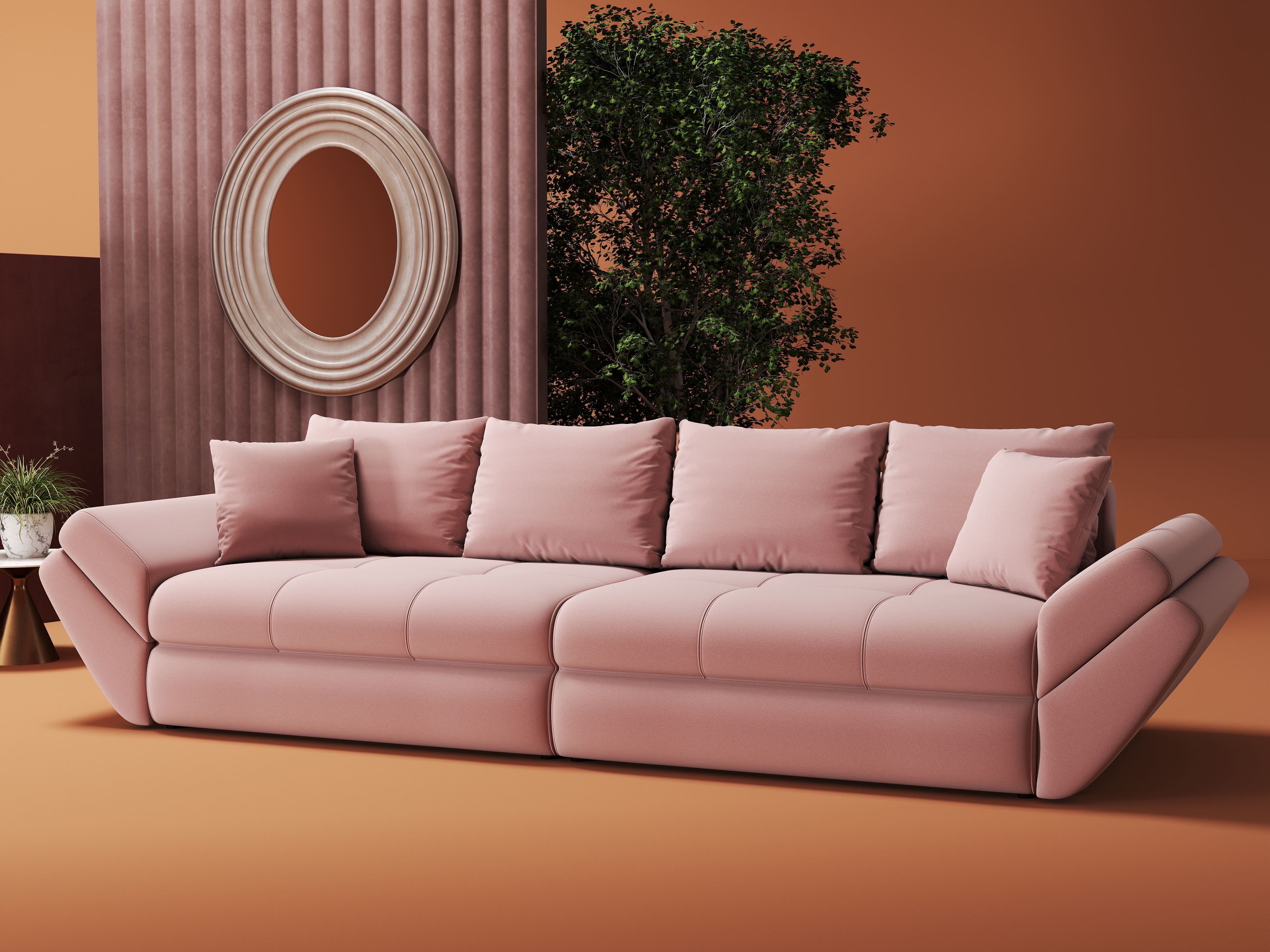 Canapea extensibilă dumonde cu ladă de depozitare si sezut confortabil din spuma HR, Loana Royal Roz 300x100 cm Fabrica