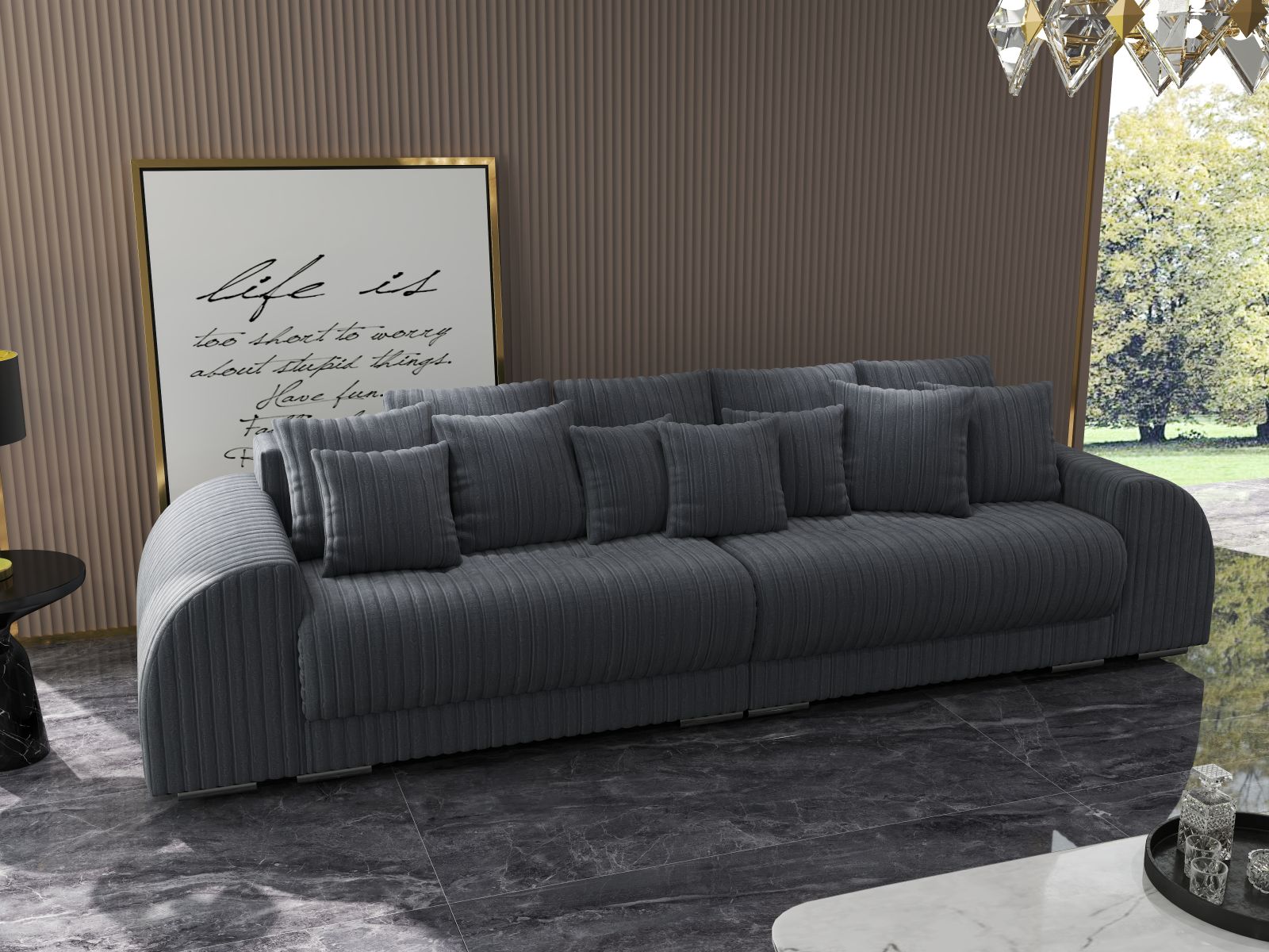 Canapea extensibilă dumonde cu 2 lăzi de depozitare si sezut confortabil din spuma HR, Verona Ambience Grey 310x100 cm Fabrica