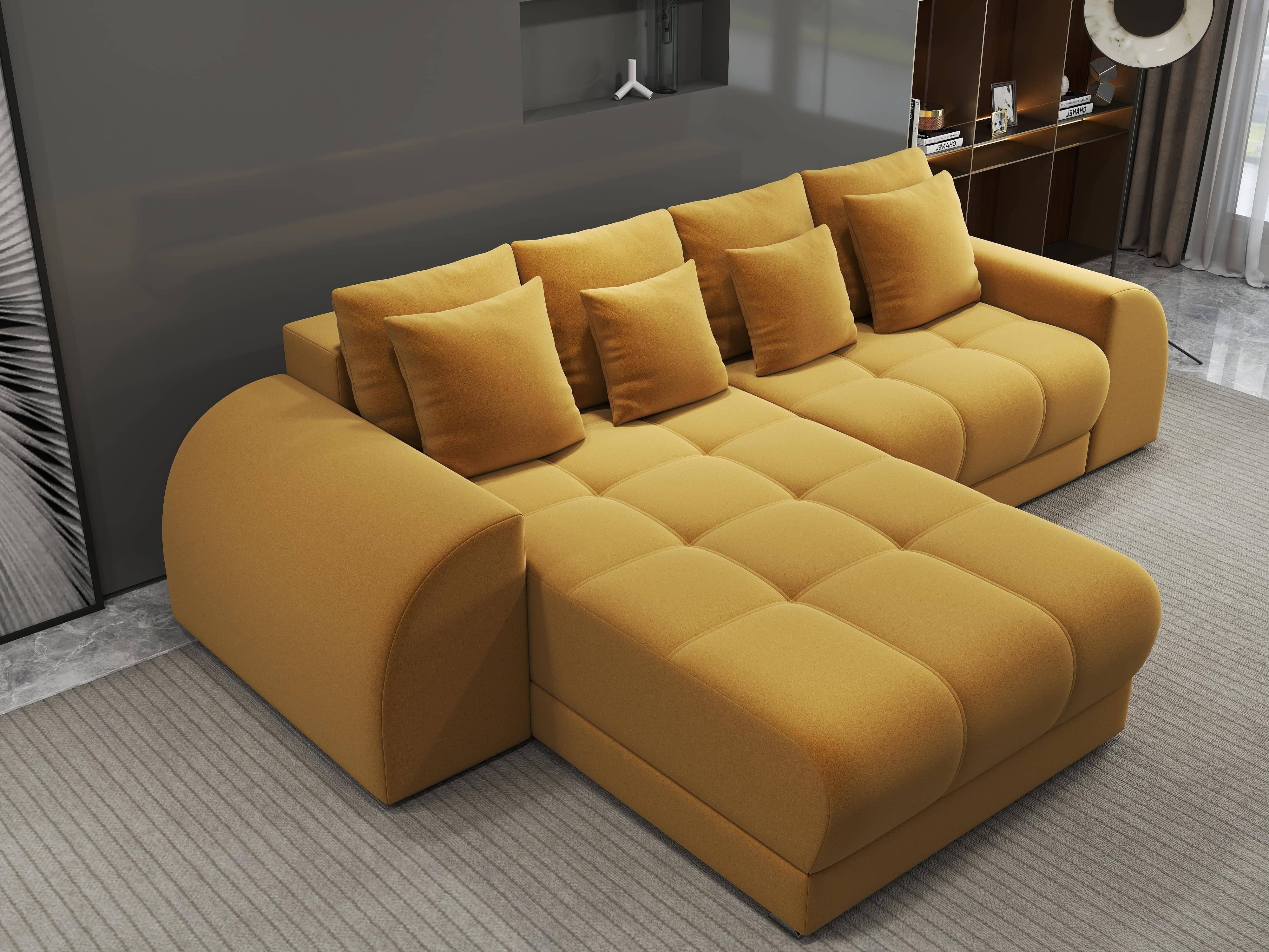 Colțar extensibil dumonde cu ladă de depozitare si sezut confortabil din spuma HR, Verona Royal Mustar 290x185 cm Fabrica