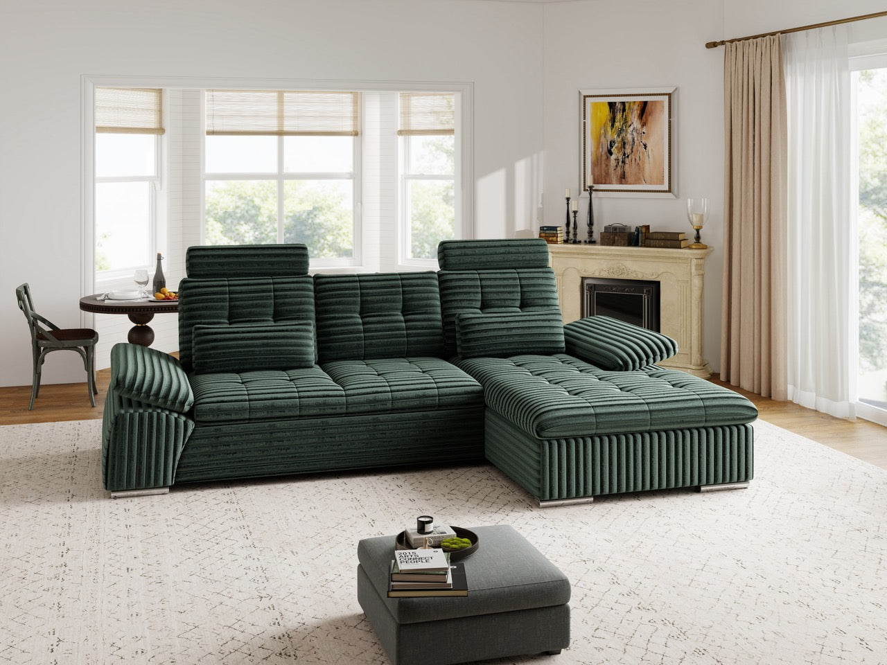 Colțar extensibil dumonde cu ladă de depozitare și șezut confortabil din spumă HR, Merkur Ambience Verde 270x168 cm II