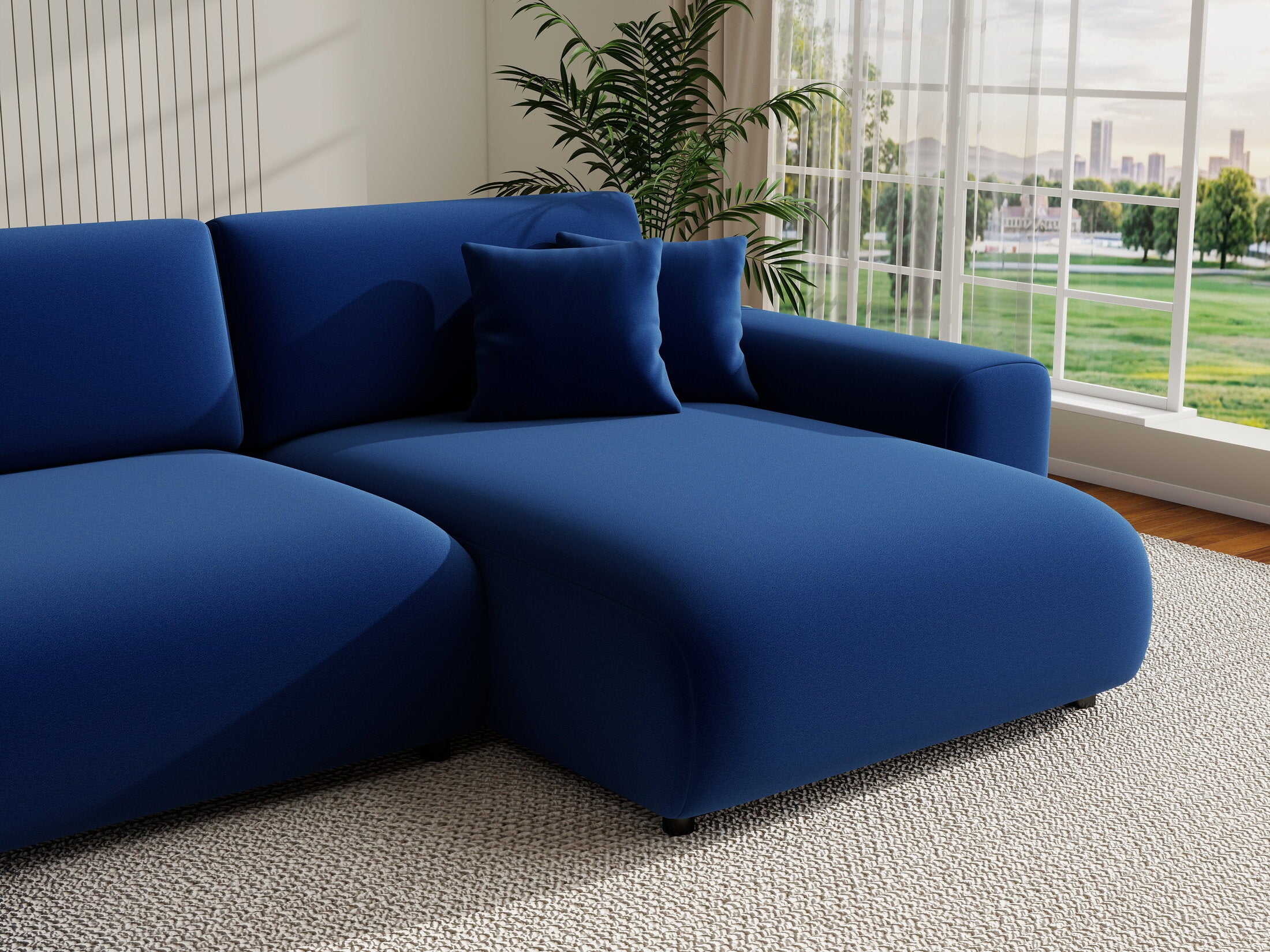 Colțar extensibil dumonde cu ladă de depozitare si sezut confortabil din spuma HR, Sarina U Royal Albastru Navy 350x168 cm