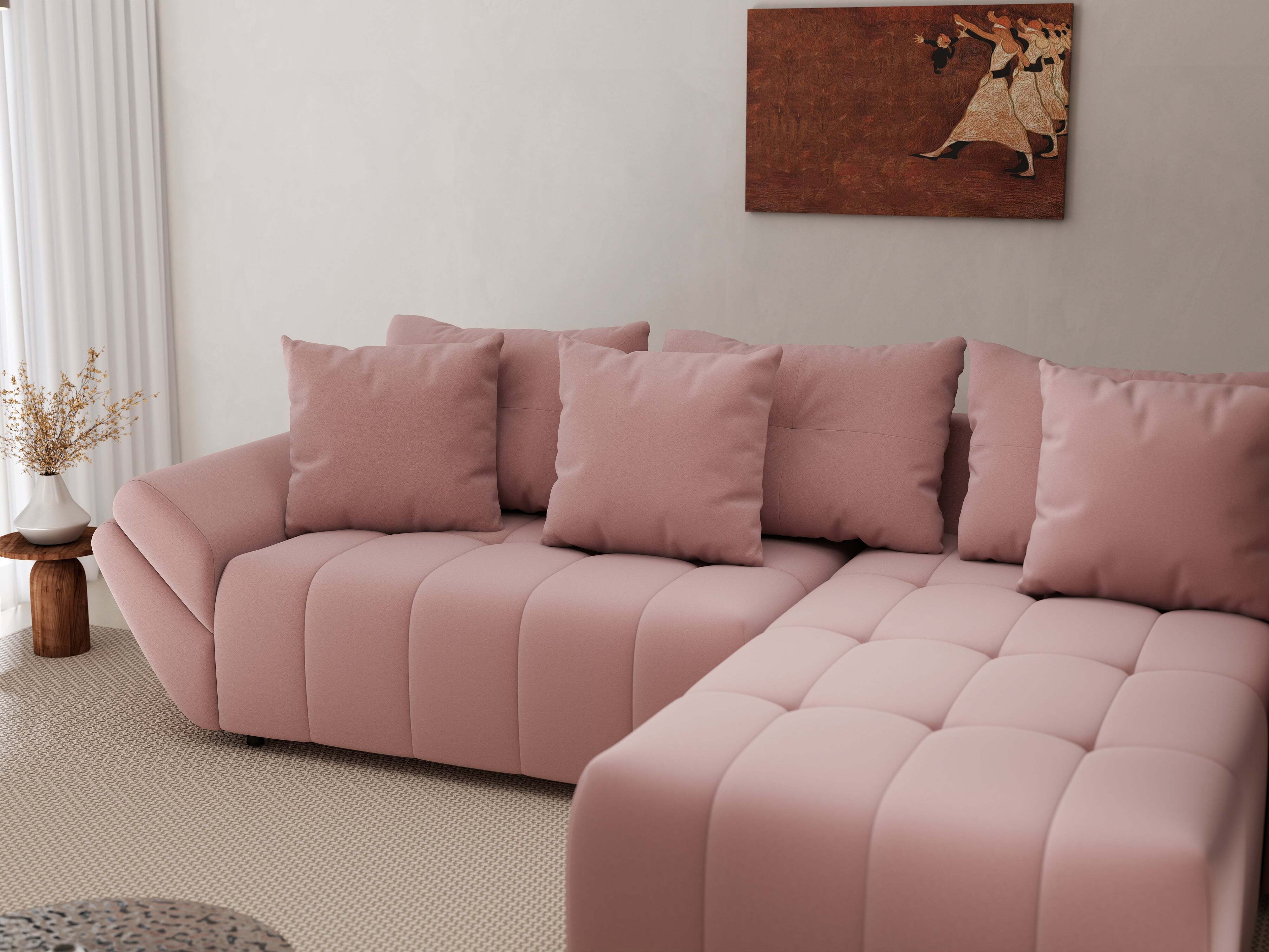 Colțar extensibil dumonde cu ladă de depozitare si sezut confortabil din spuma HR, Berlin Royal Roz 280x185 cm II Fabrica