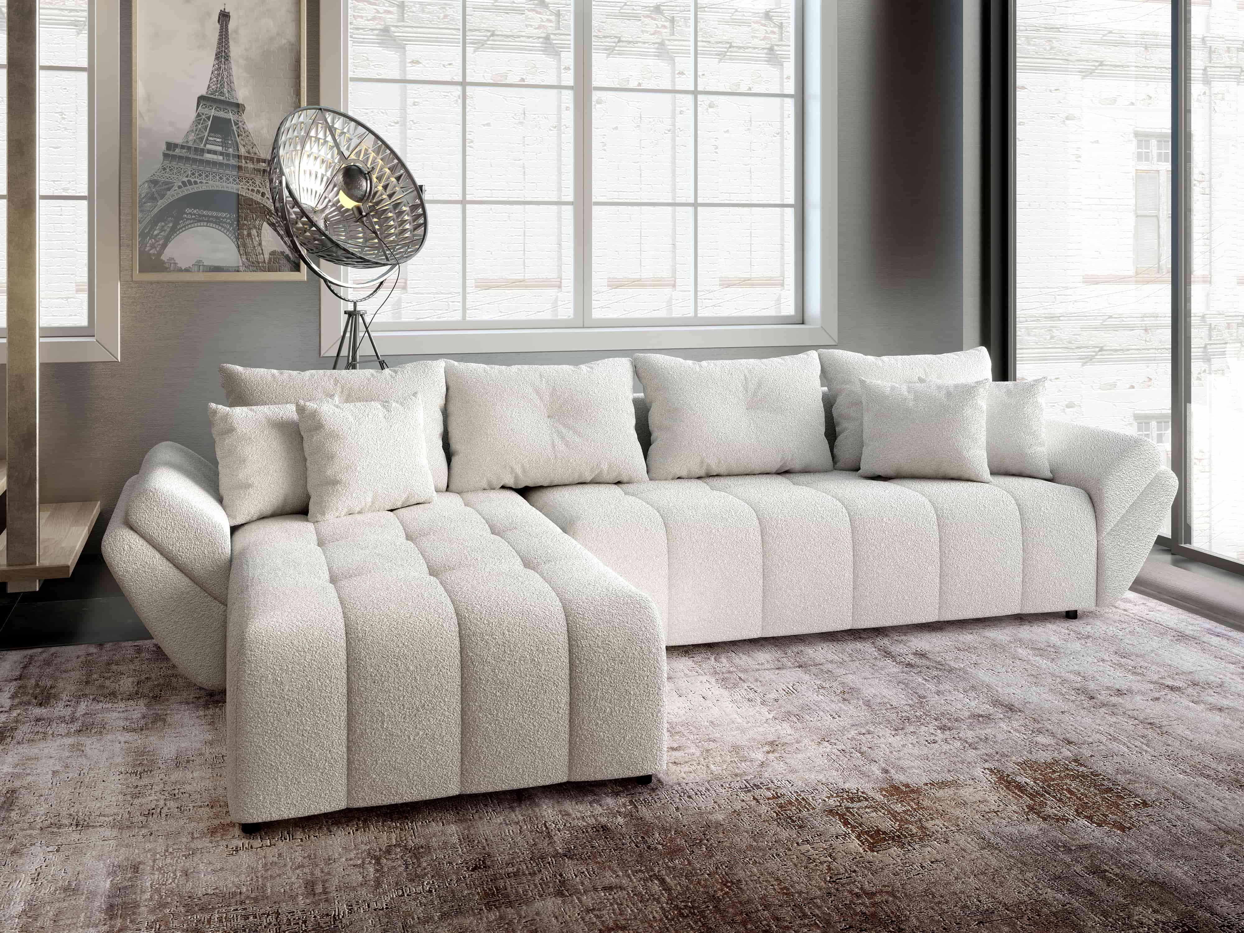 Colțar extensibil dumonde cu ladă de depozitare si sezut confortabil din spuma HR, Berlin XL Euphoria Ivory 350x185 cm Fabrica