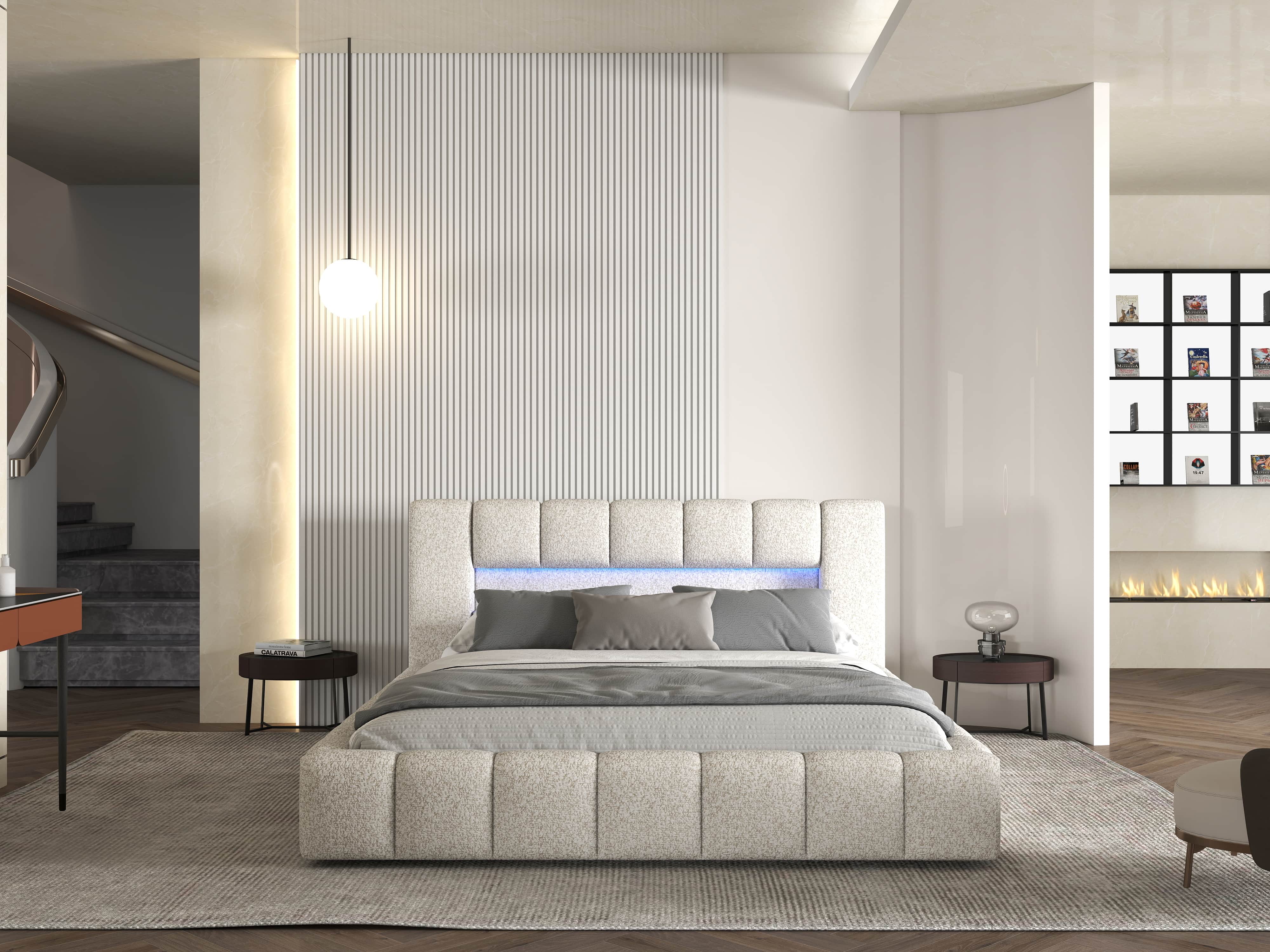 Pat dormitor dumonde, tapitat alb cu LED si USB, Palermo 180x200 cm, somiera rabatabila inclusa, spatiu depozitare WLS