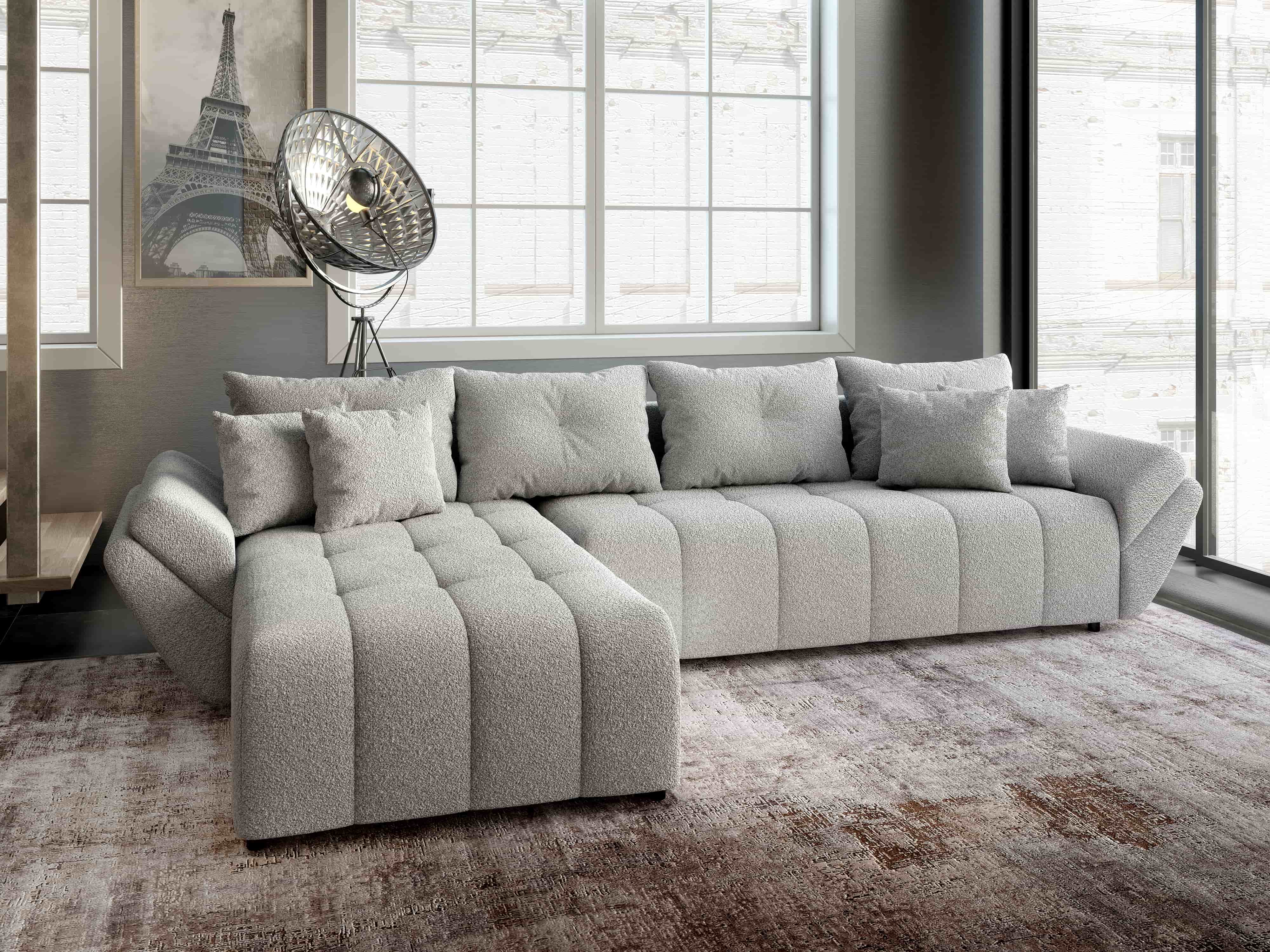 Colțar extensibil dumonde cu ladă de depozitare si sezut confortabil din spuma HR, Berlin XL Euphoria Dove 350x185 cm Fabrica