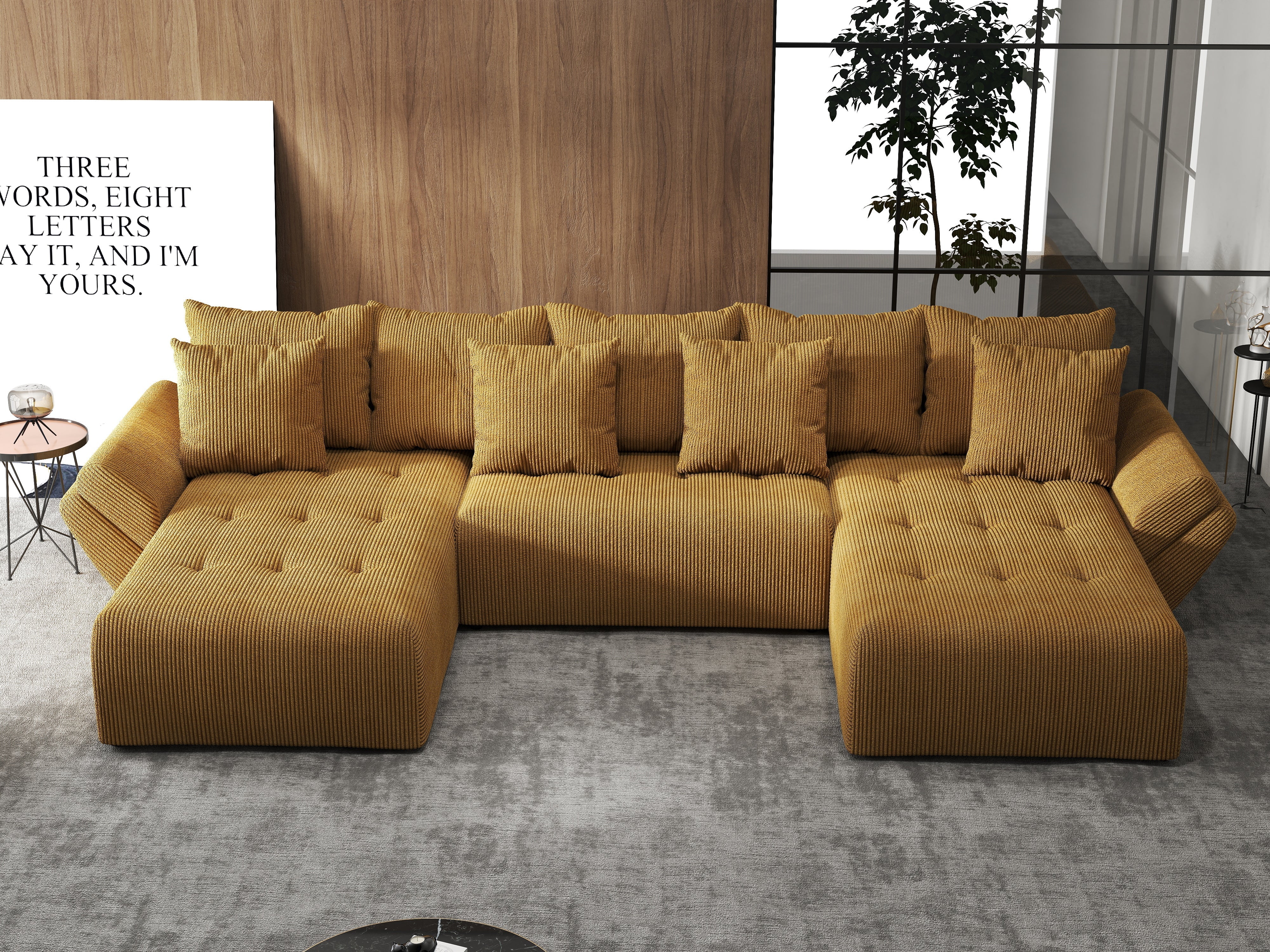 Colțar extensibil dumonde cu ladă de depozitare si sezut confortabil din spuma HR, Berlin U Zoom Mustar 380x180 cm Fabrica