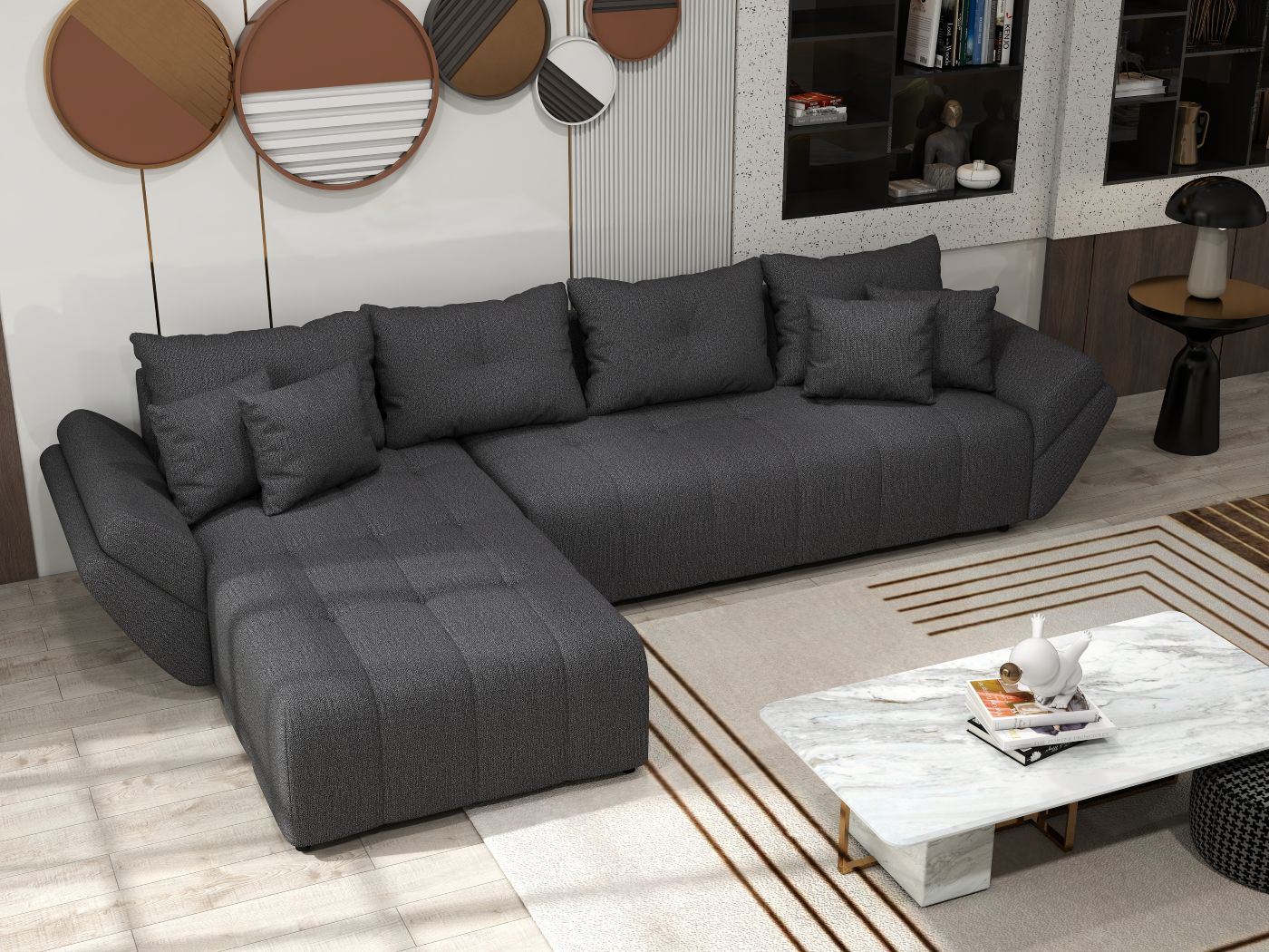 Colțar extensibil dumonde cu ladă de depozitare si sezut confortabil din spuma HR, Berlin XL Enjoy Graphite 350x185 cm Fabrica