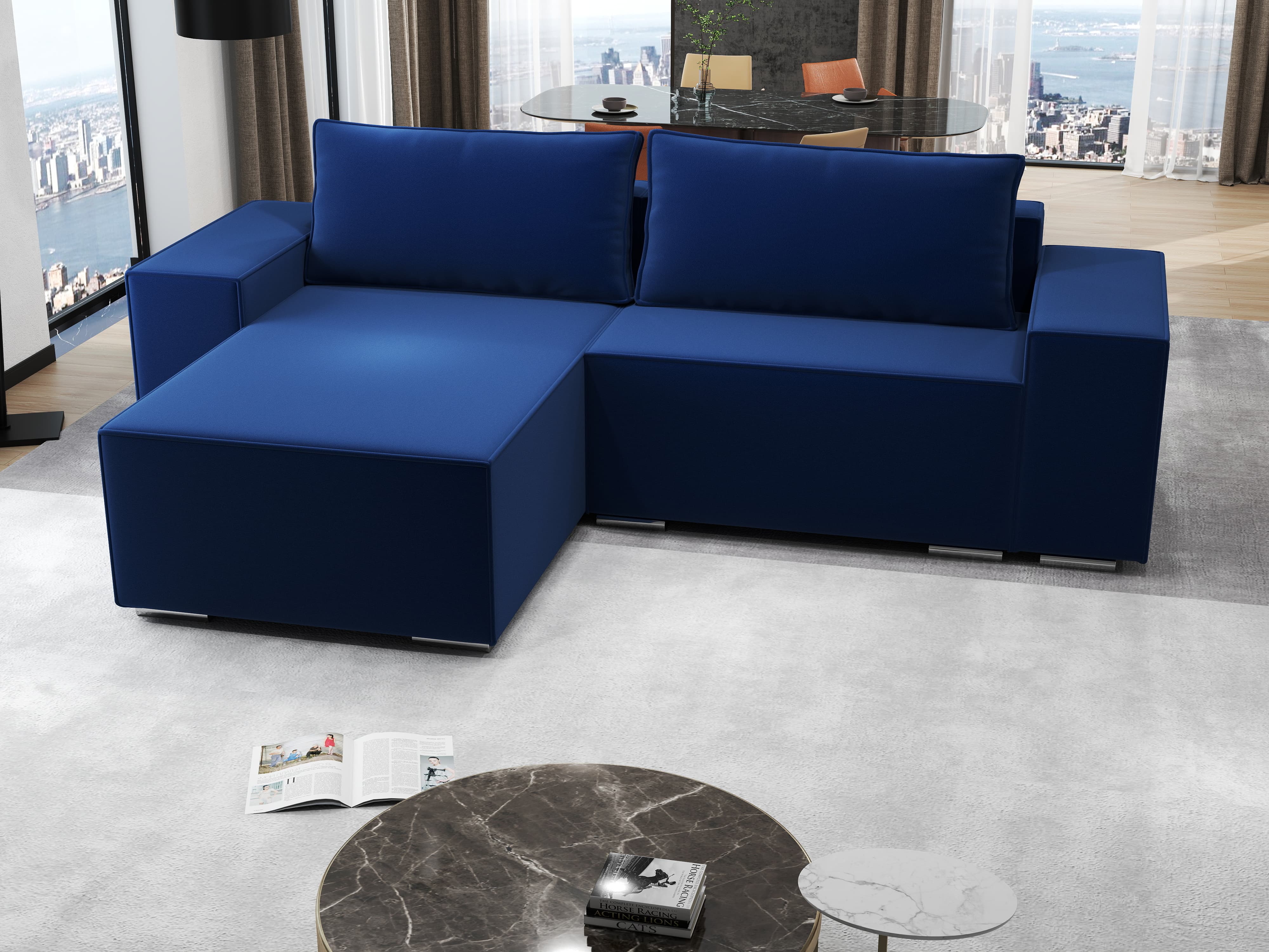 Colțar extensibil dumonde cu ladă de depozitare si sezut confortabil din spuma HR, Dream Royal Albastru 290x185 cm Fabrica