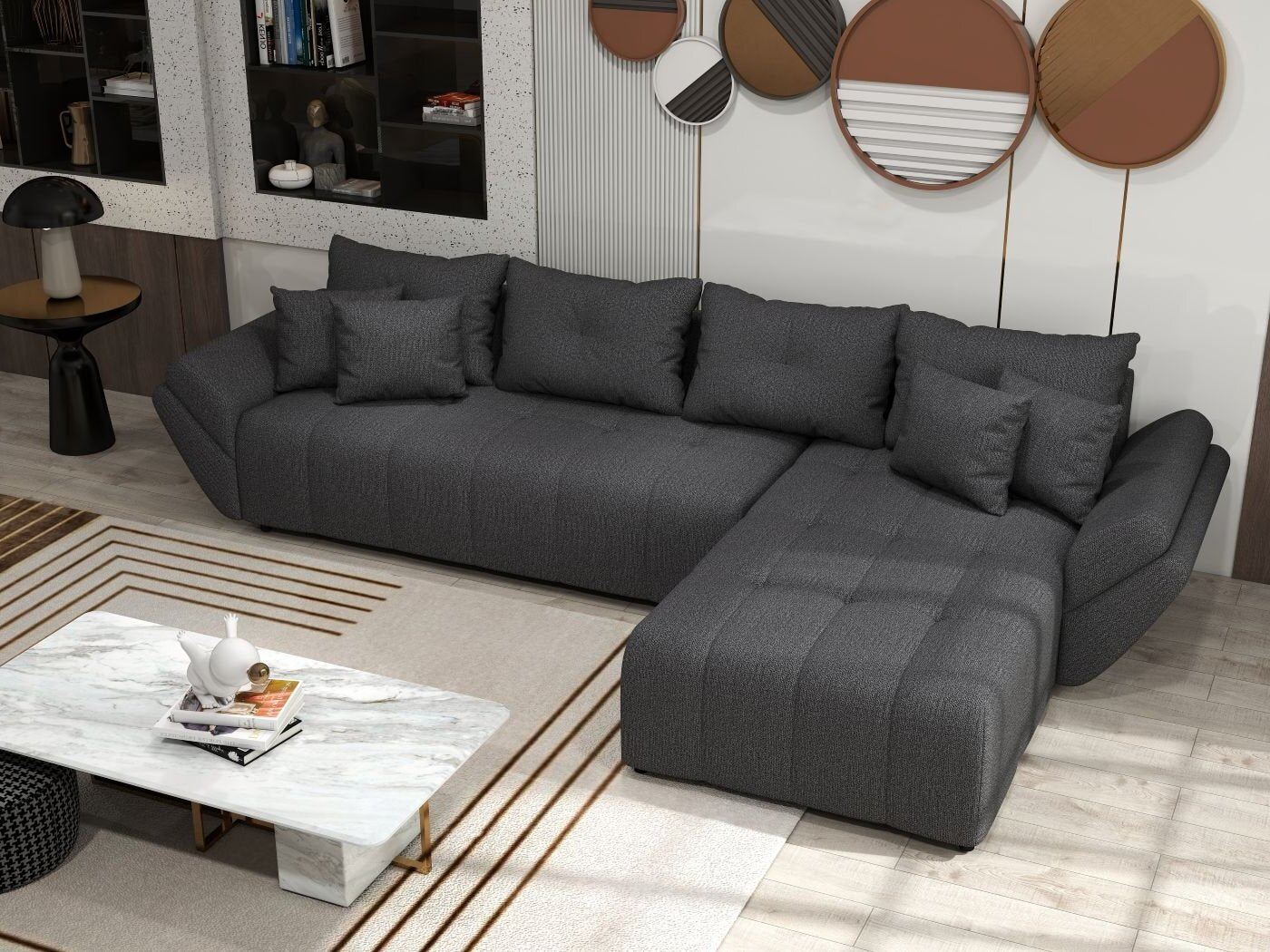 Colțar extensibil dumonde cu ladă de depozitare si sezut confortabil din spuma HR, Berlin XL Enjoy Graphite 350x185 cm Fabrica