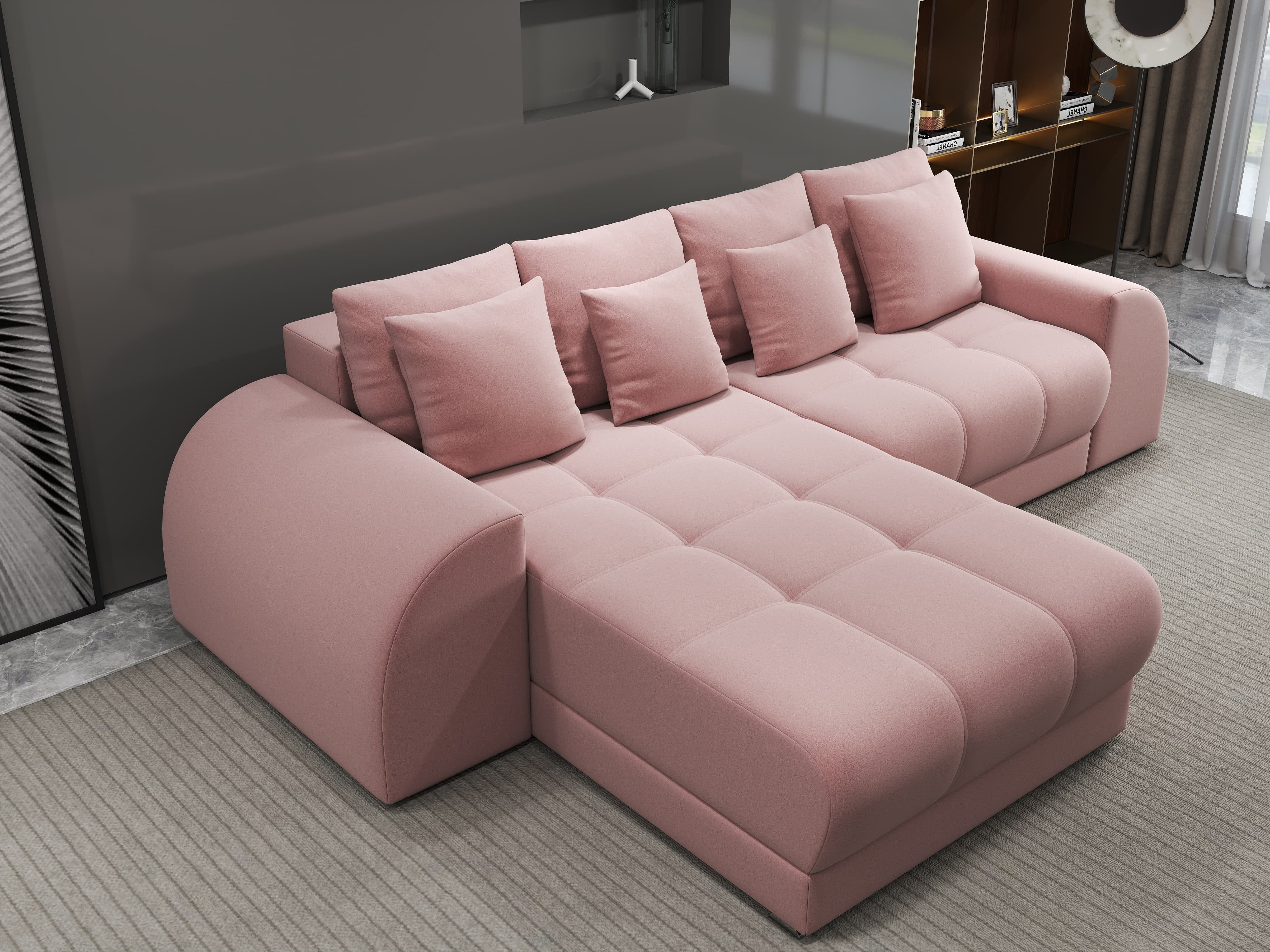 Colțar extensibil dumonde cu ladă de depozitare si sezut confortabil din spuma HR, Verona Royal Roz 290x185 cm Fabrica