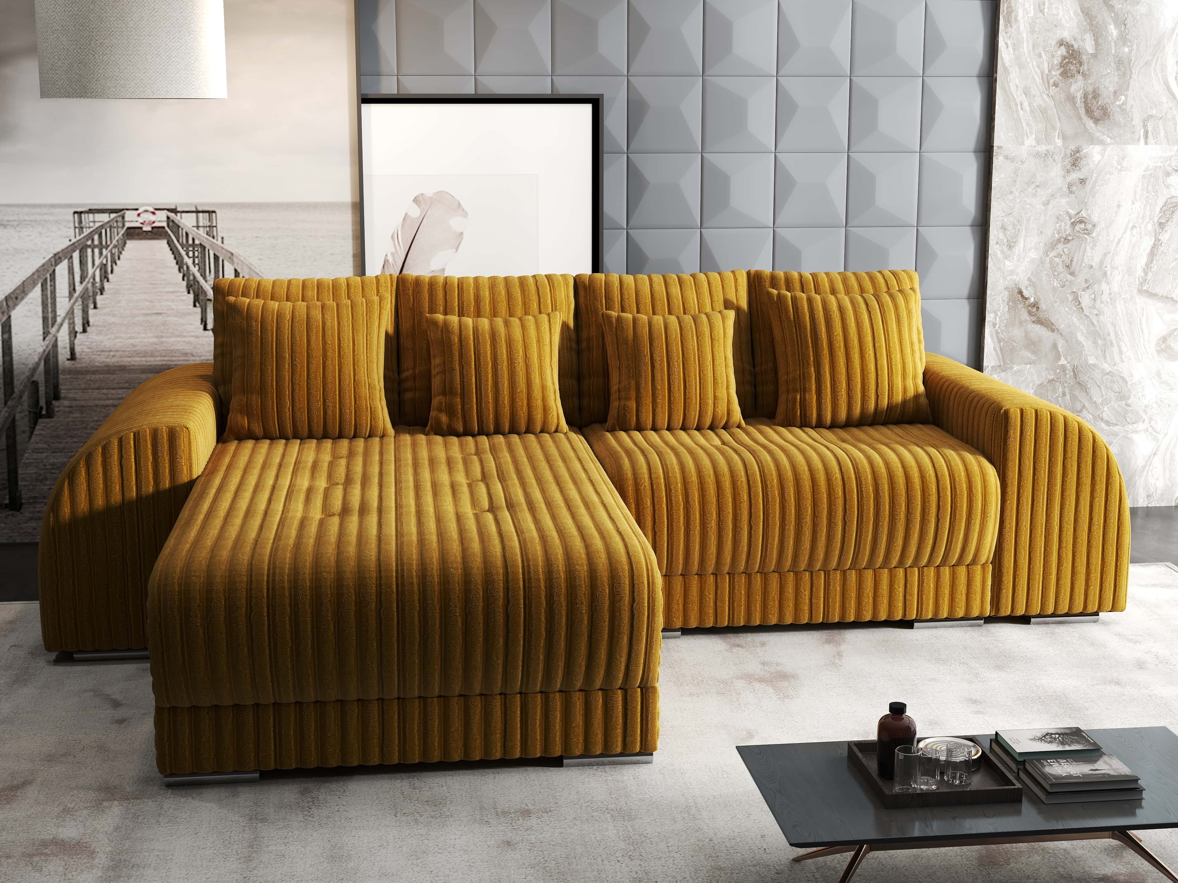 Colțar extensibil dumonde cu ladă de depozitare si sezut confortabil din spuma HR, Verona Ambience Mustar 290x185 cm Fabrica